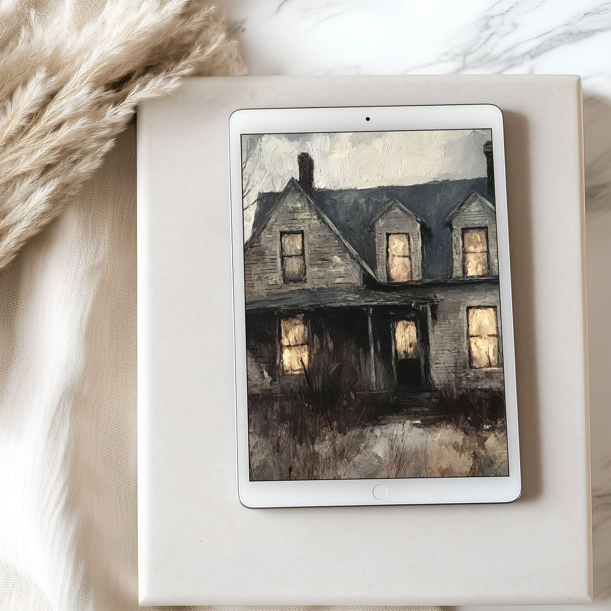 Elegant tablet wallpaper featuring a high-resolution digital painting of a cozy, weathered house, perfect for stylish tablet use and download