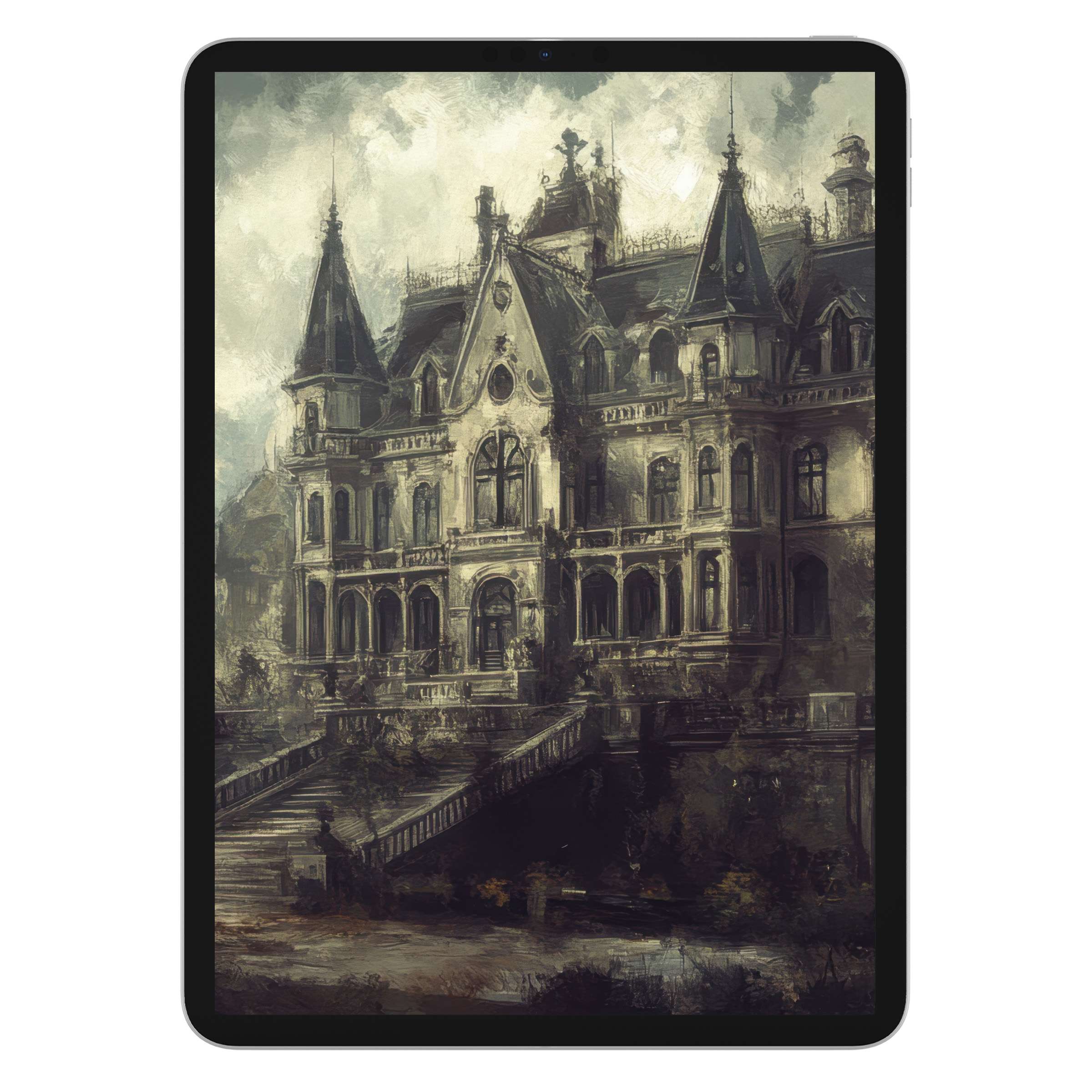 Ethereal halloween iPad wallpaper featuring a vintage mansion, perfect digital download for tablet background with gothic charm