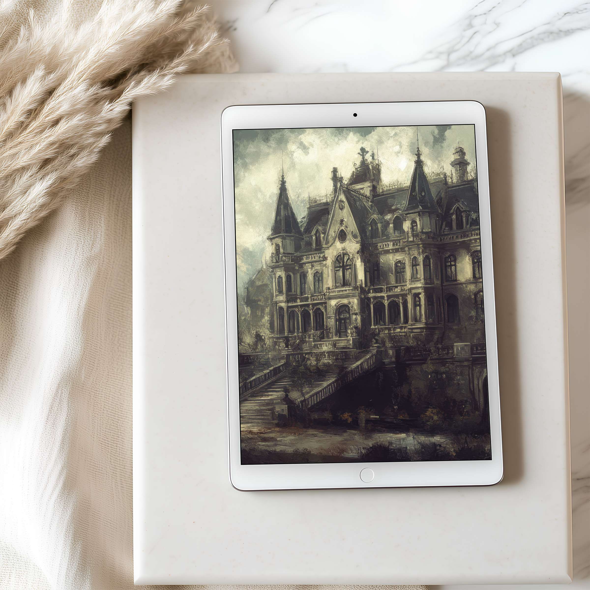 Elegant tablet wallpaper featuring a Gothic mansion painting in muted tones perfect for iPad and Android tablet digital download