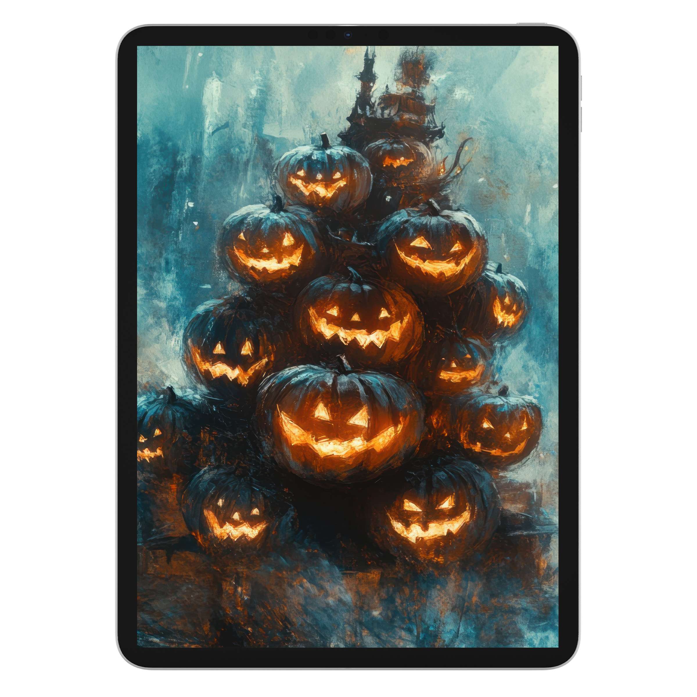Halloween iPad wallpaper featuring glowing jack-o'-lanterns in a misty blue digital background for tablet, digital download art