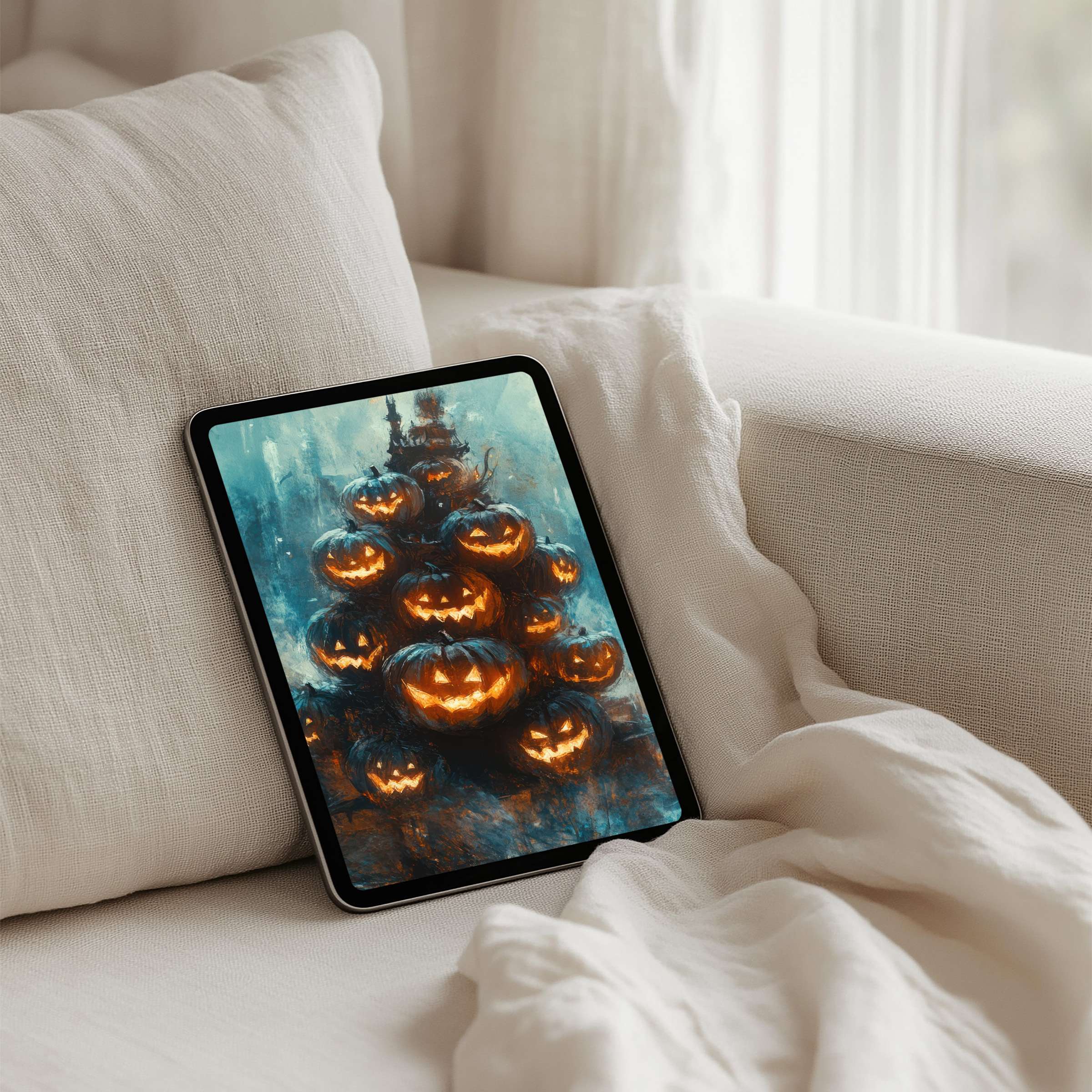 Elegant pumpkin art iPad background for tablets in soothing beige tones, offering instant download for mindful digital design lovers