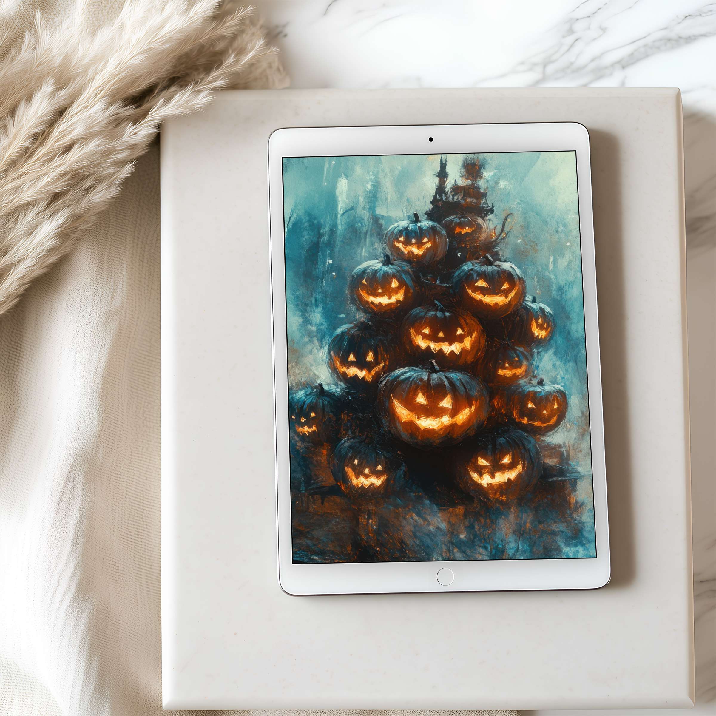 Elegant tablet wallpaper featuring glowing pumpkins in a blue-hued artistic style perfect for iPad digital download enhancing calm interiors