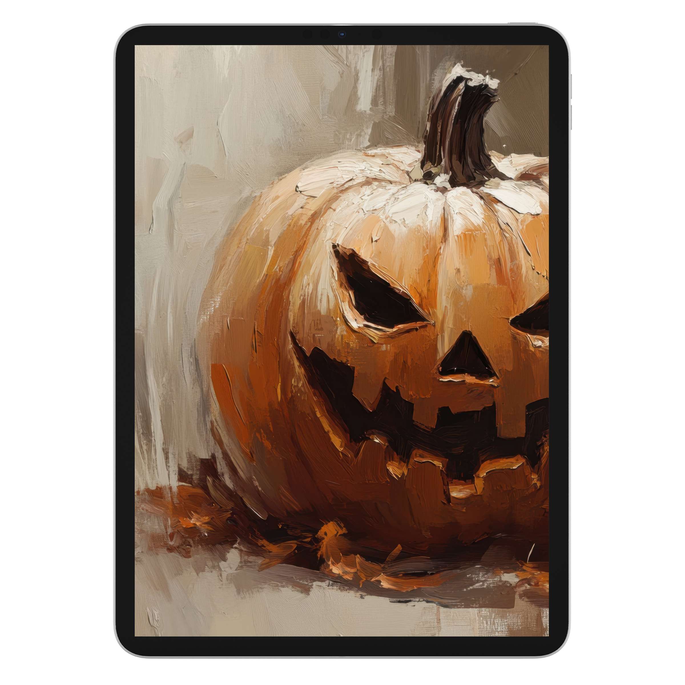 Warm, textured Halloween iPad wallpaper with a vibrant pumpkin painting, ideal digital download for tablet background, enhancing seasonal ambiance