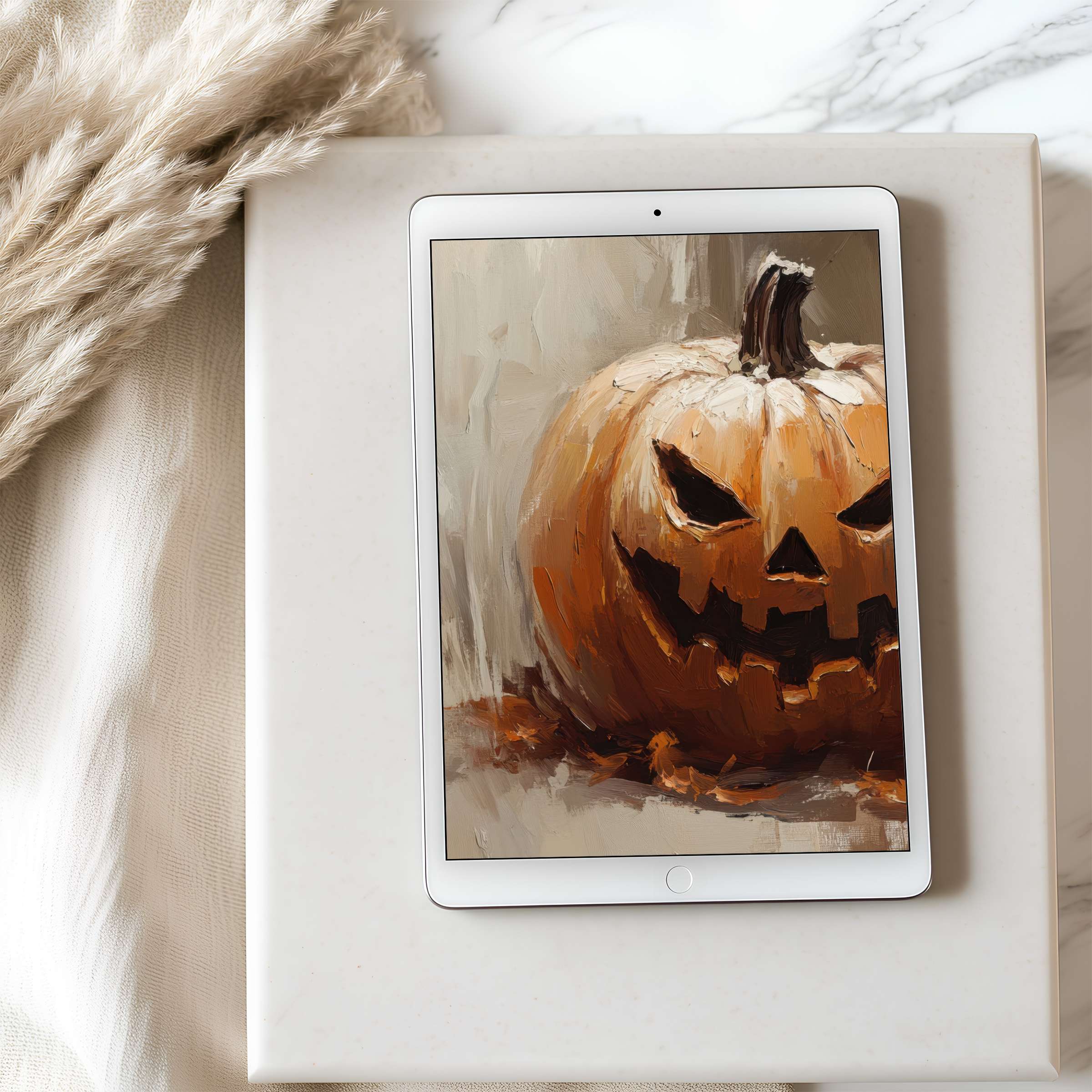 Warm, artistic pumpkin painting as tablet wallpaper brings cozy autumn vibes to your iPad or Android tablet digital download
