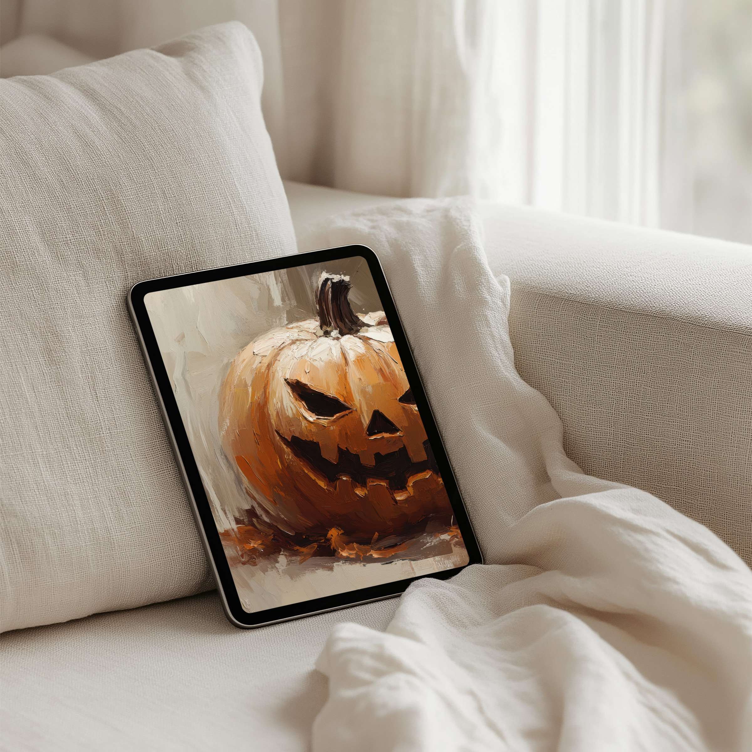 Elegant iPad background featuring a painted pumpkin offers instant download for tablet users seeking calm, cozy inspiration