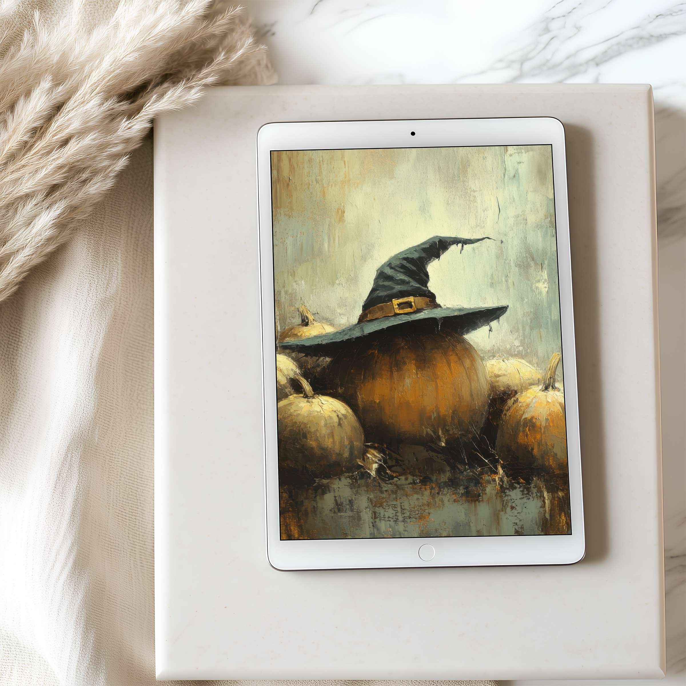 Elegant pumpkin motif tablet wallpaper in high resolution, set in a calm, textured setting for iPad and Android digital download