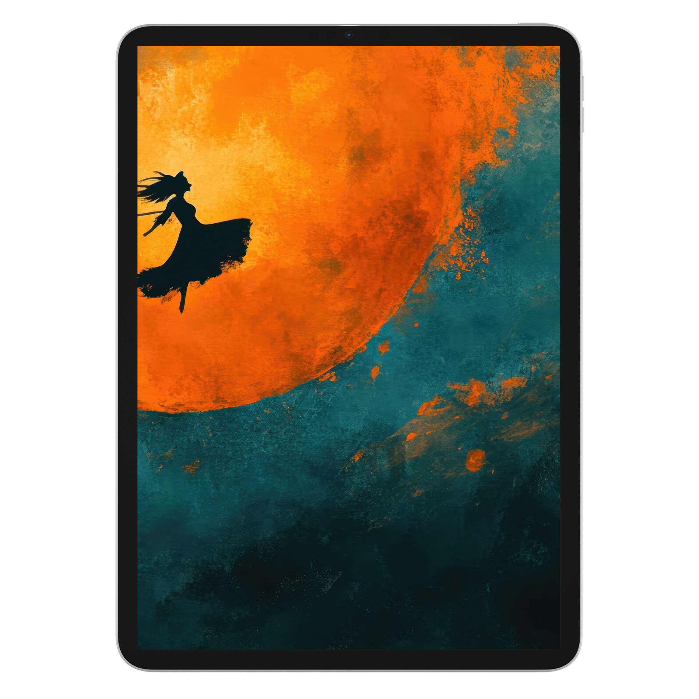 Vibrant halloween iPad wallpaper featuring a silhouette against a fiery orange moon blending with teal hues digital download background suitable for your tablet