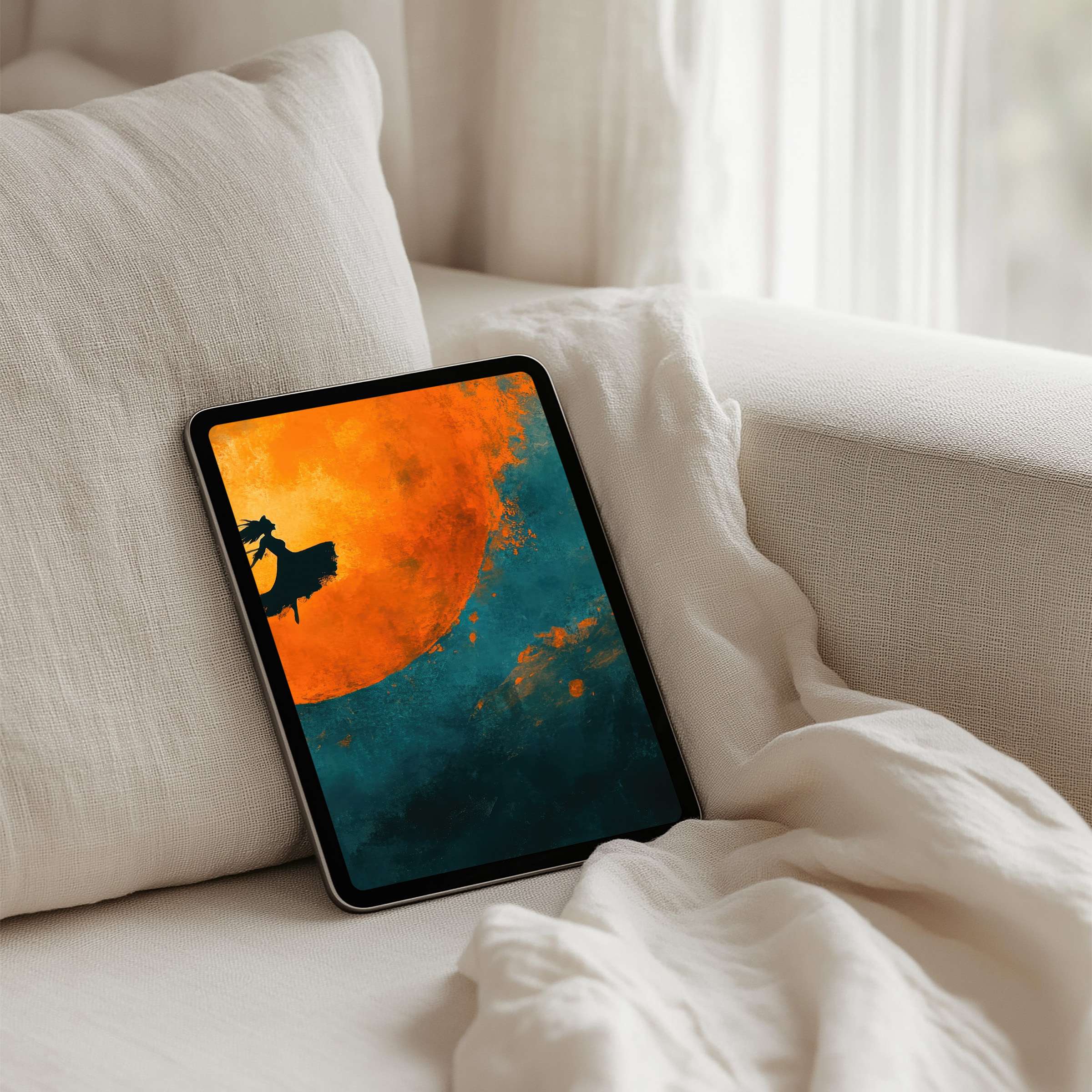 Serene iPad background with bold orange and deep teal abstract art inspiring calm elegance instant download for any tablet