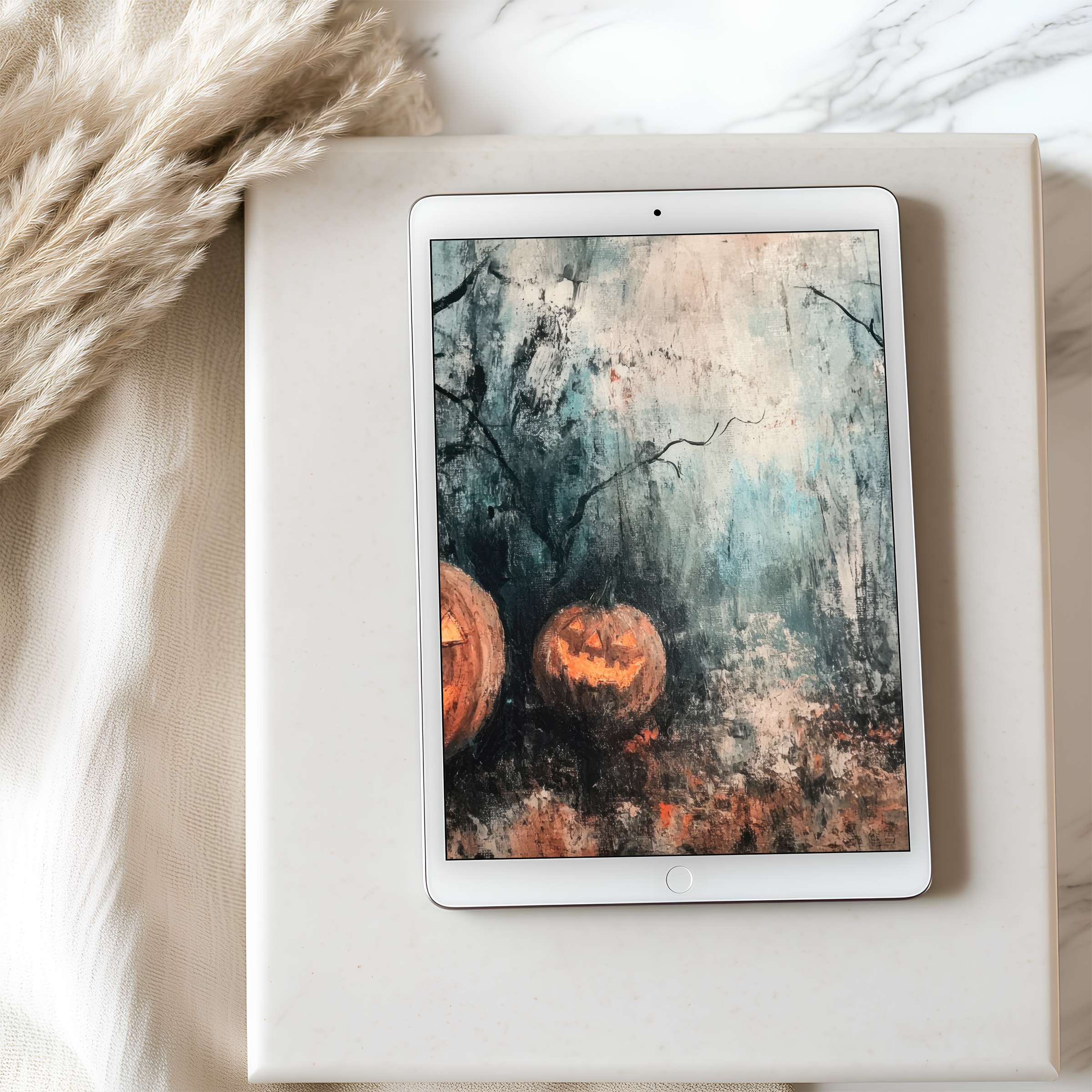 Elegant tablet wallpaper featuring a serene autumn scene with pumpkins in muted tones providing calm aesthetics for iPads and Androids
