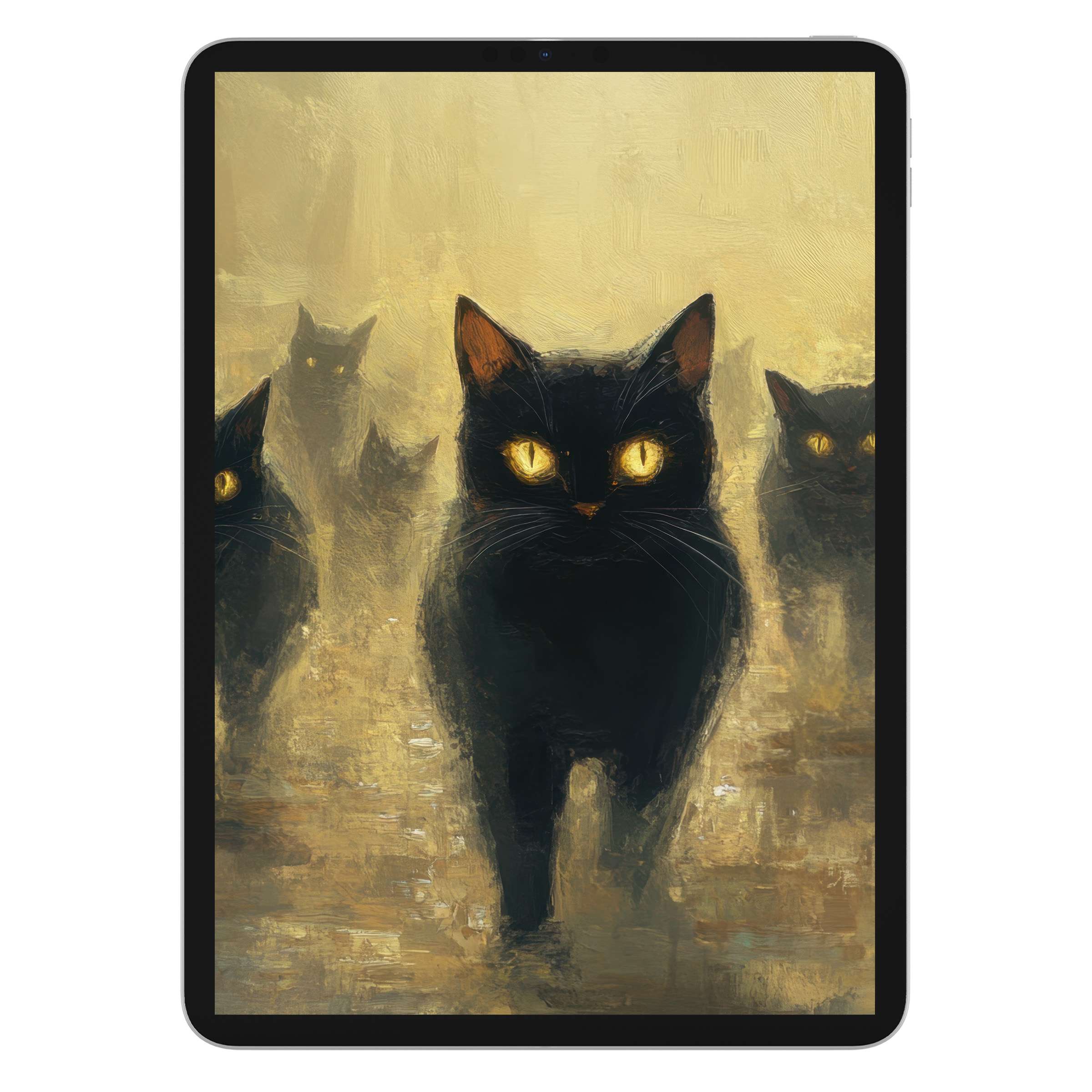 Elegant halloween iPad wallpaper featuring mystic black cats against a warm, textured background, perfect digital download for tablet screens