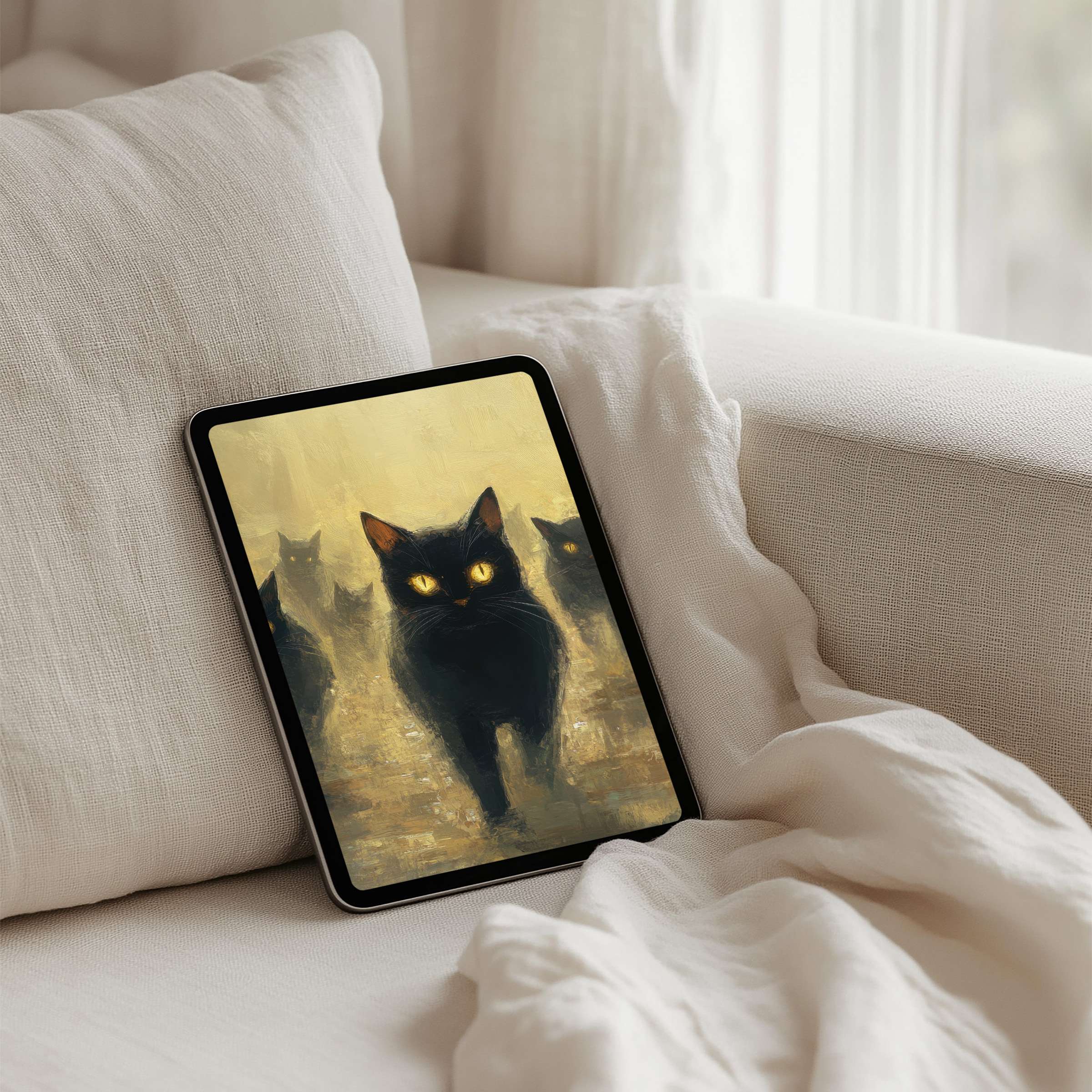 Elegant iPad background featuring mysterious black cats with glowing eyes evokes calm inspiration perfect for instant download to any tablet
