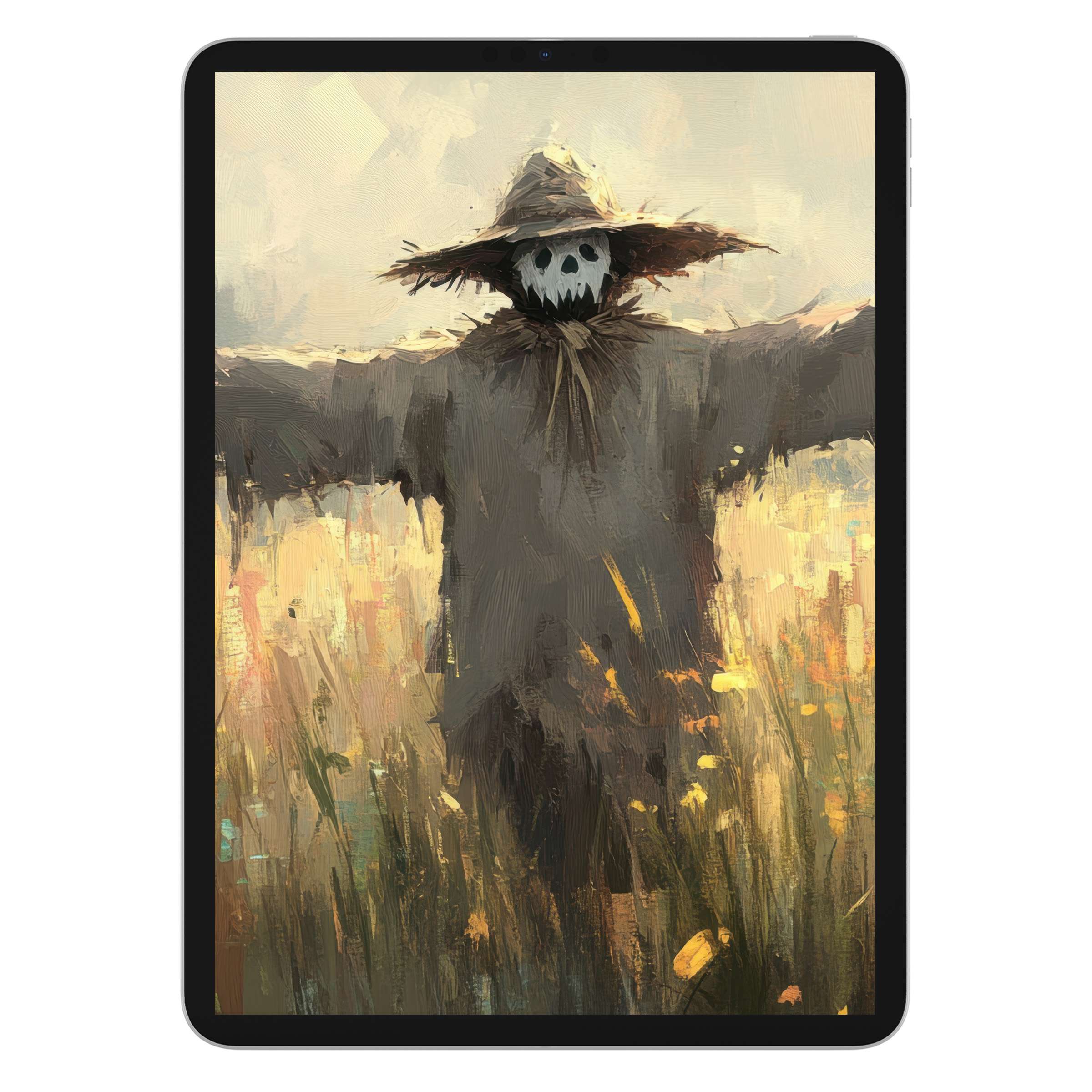 Halloween iPad wallpaper featuring a mysterious scarecrow in a golden field digital download for an inspiring tablet background