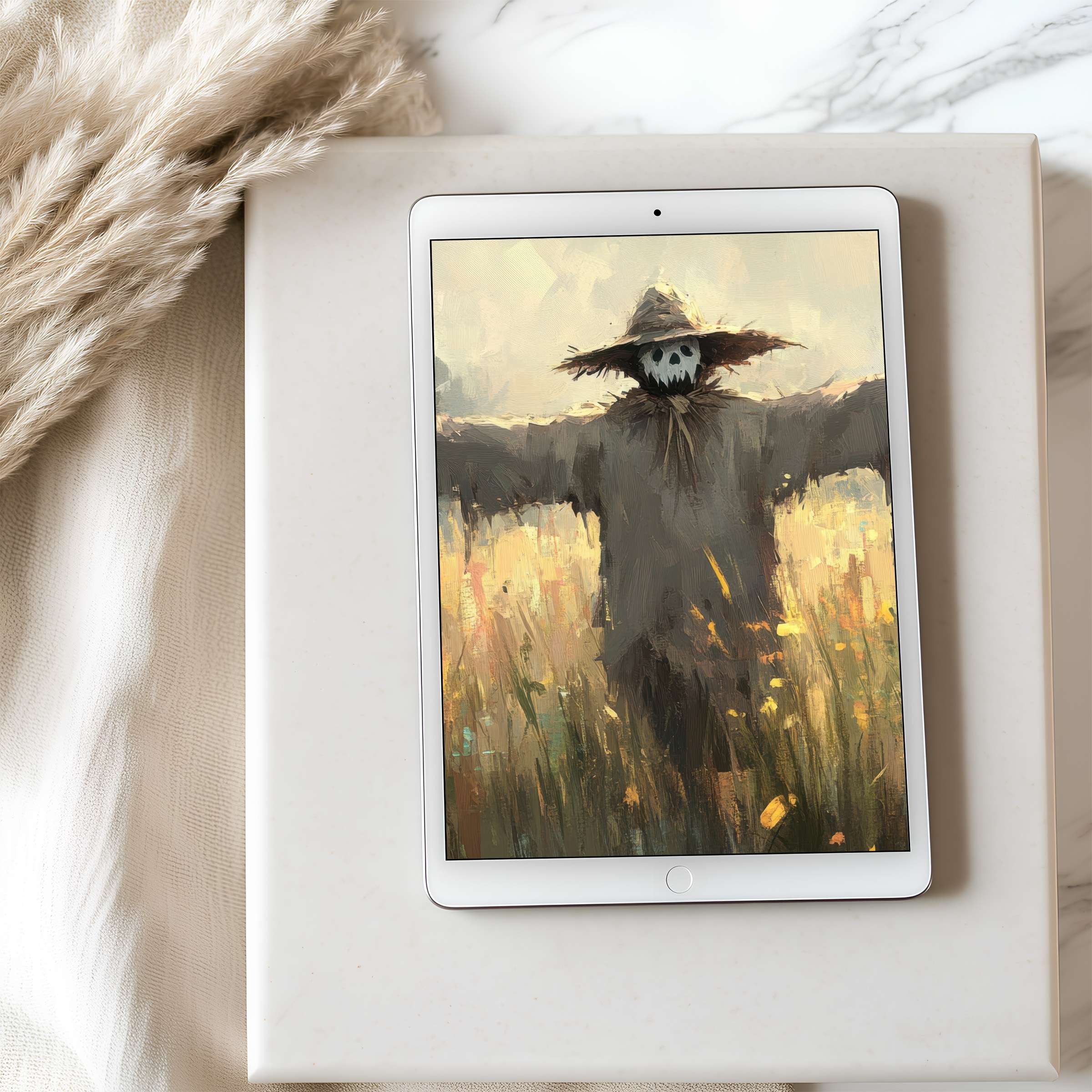 Elegant high-resolution tablet wallpaper featuring a serene scarecrow in golden fields, perfect for iPad and Android, digital download