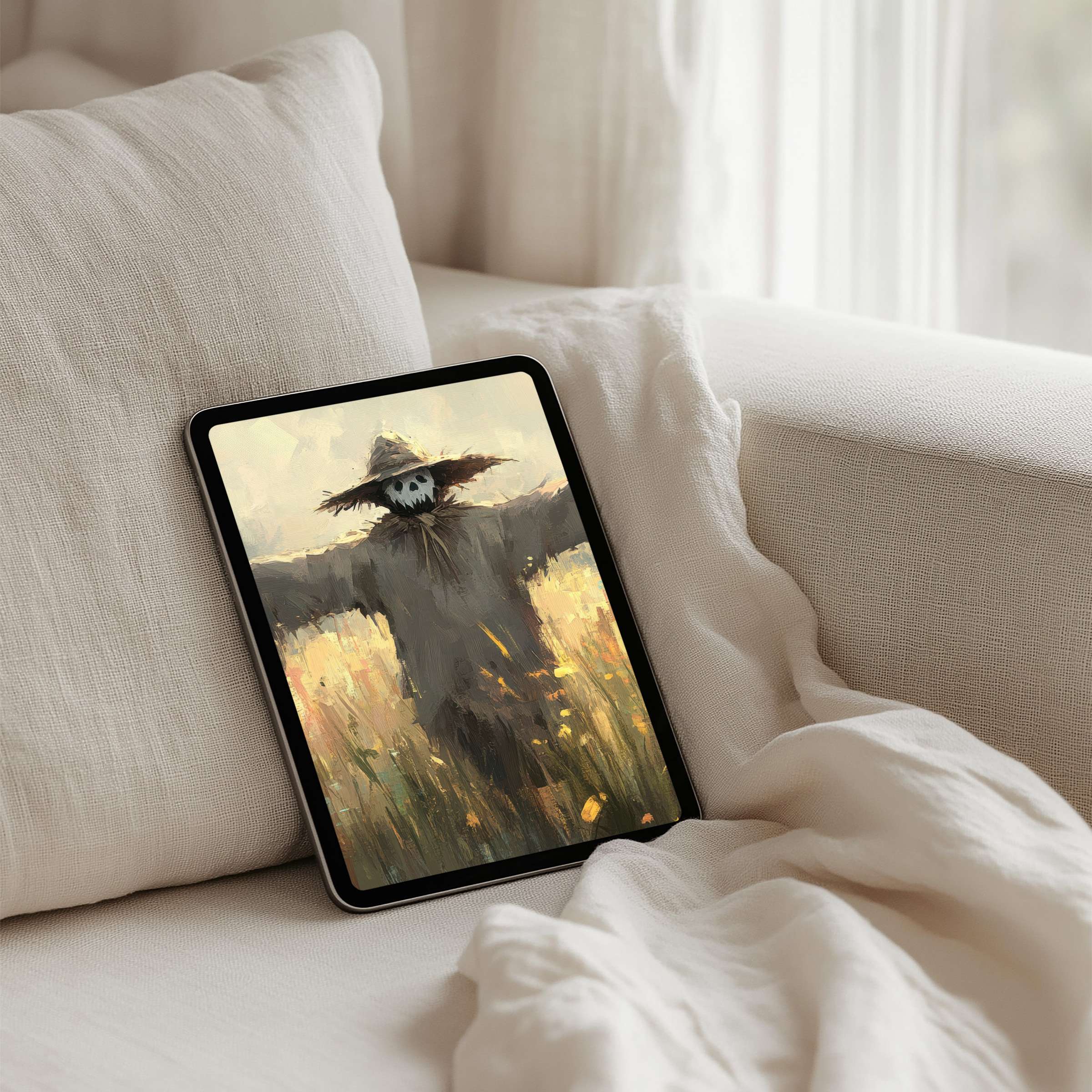 Elegant scarecrow art in soft hues captures mindfulness and calm as an iPad background for tablet instant download users