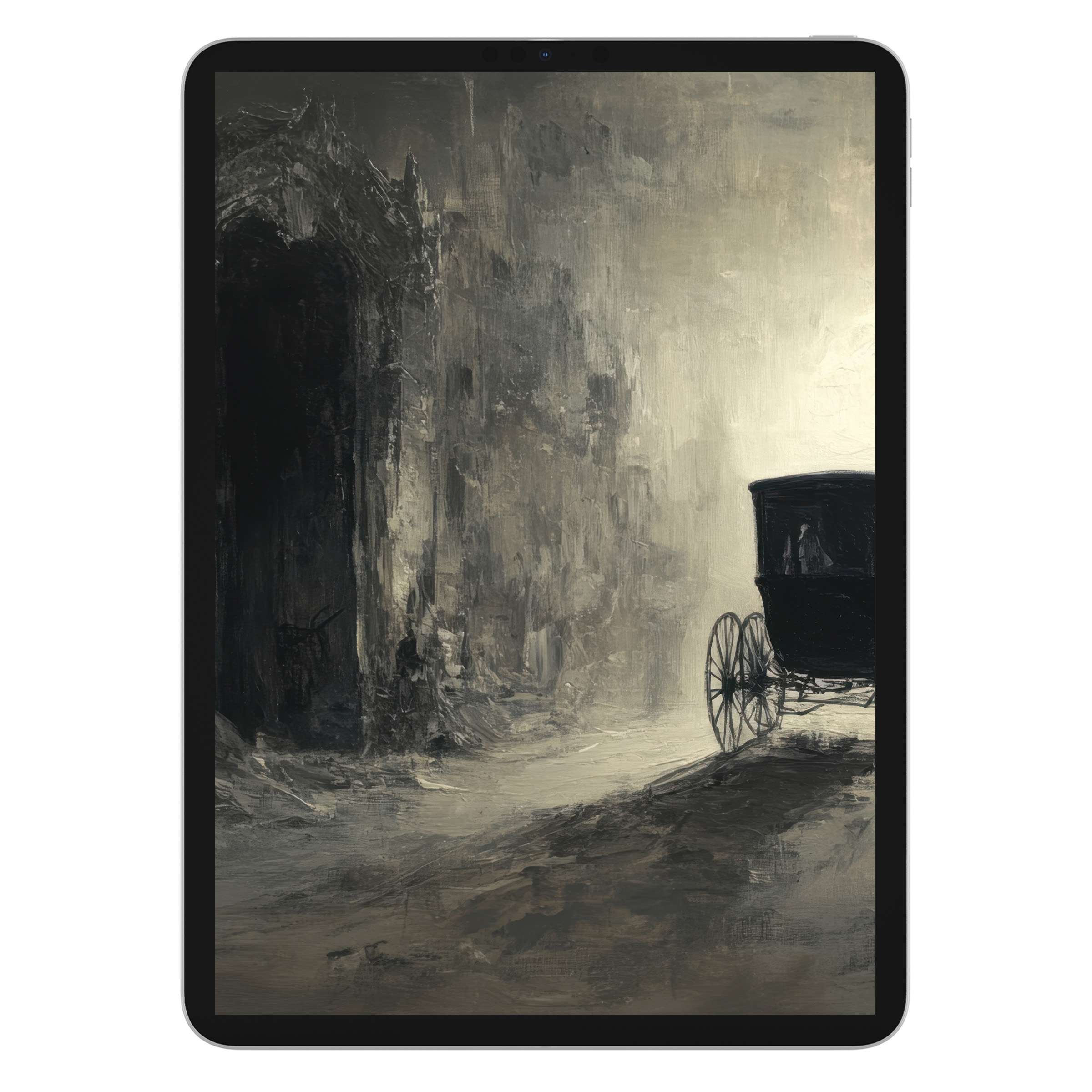 Mysterious halloween iPad wallpaper featuring a vintage carriage in a gothic setting, ideal digital download for tablet background elegance