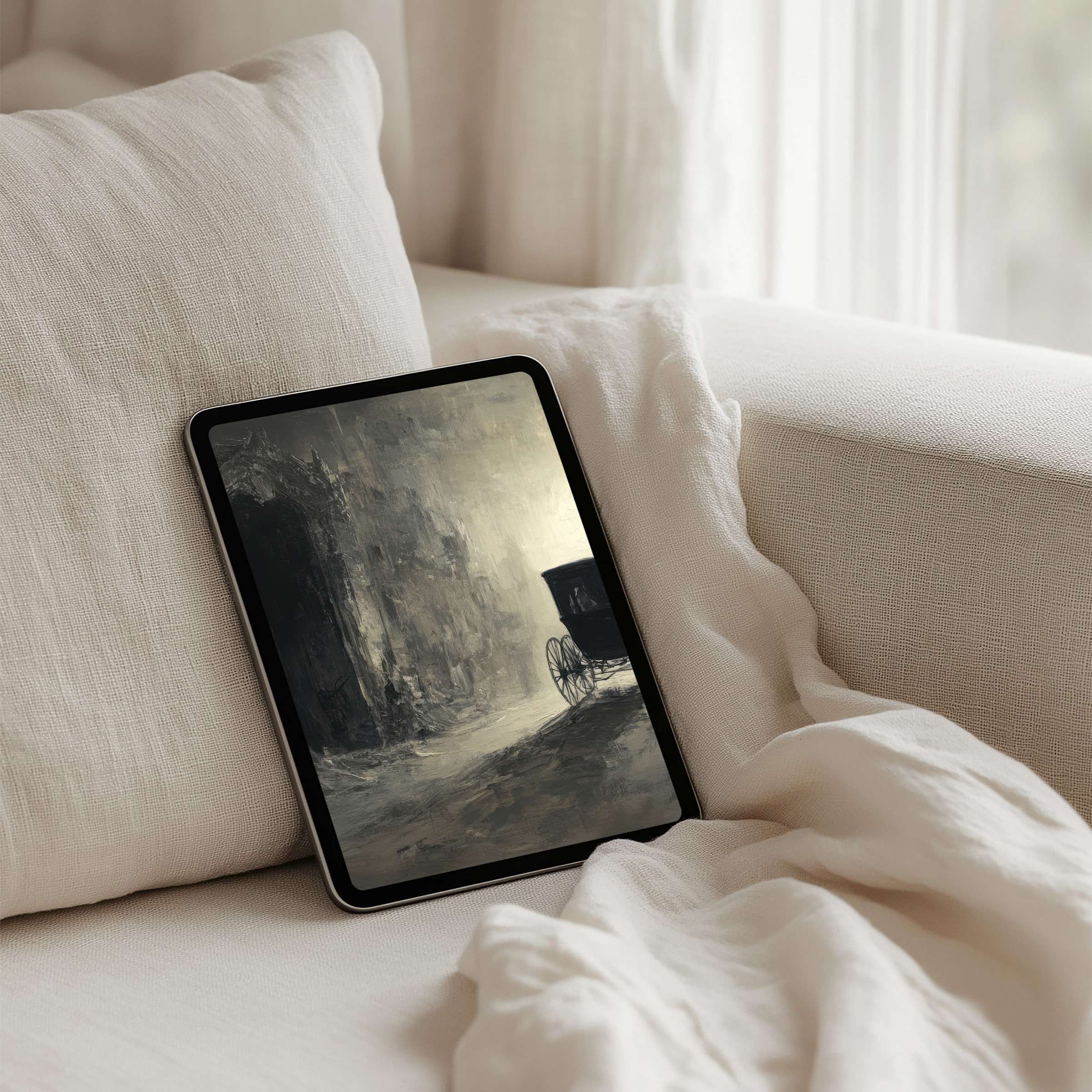 Elegant iPad background art with moody grayscale tones inspires calm and mindfulness, perfect for instant download on any tablet