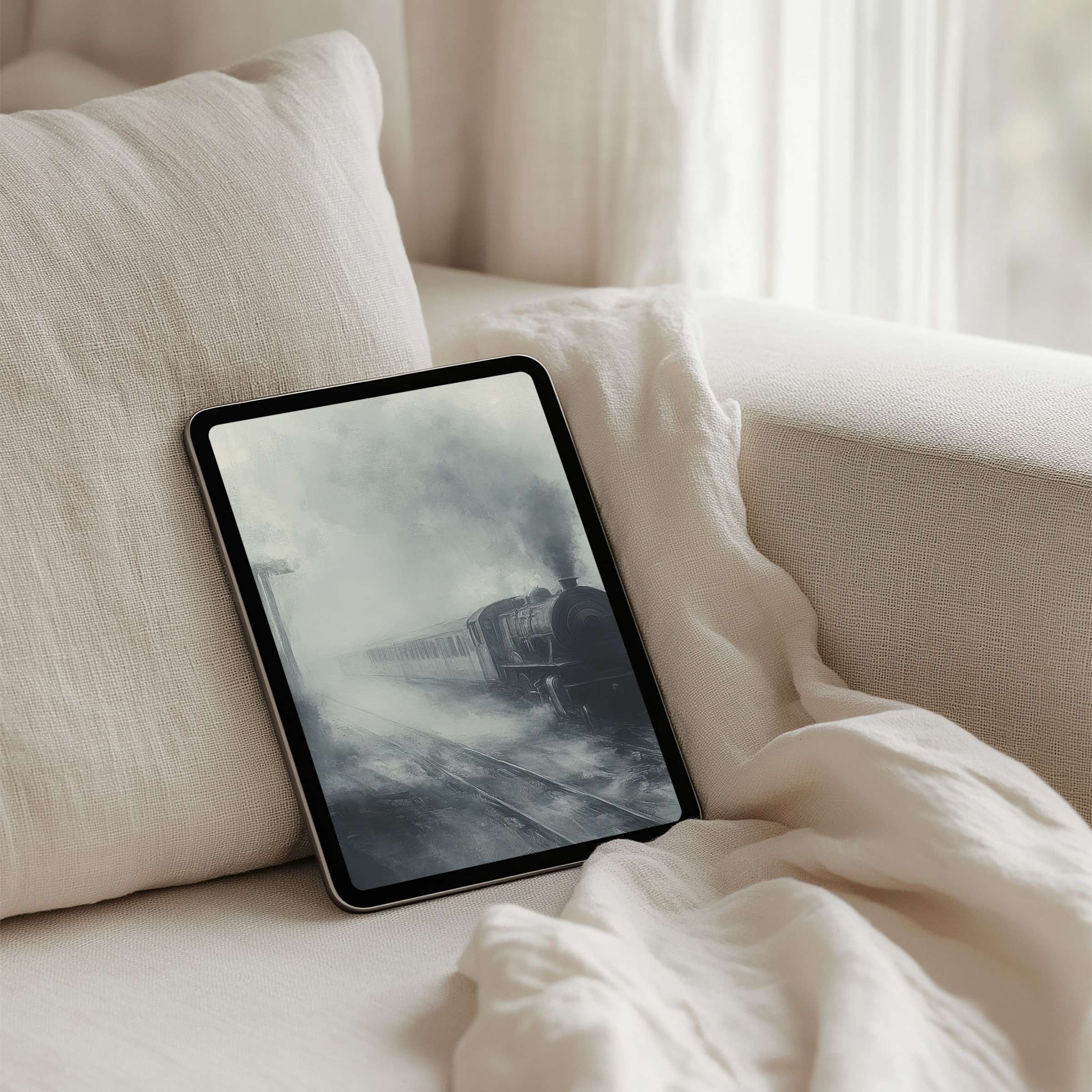Elegant steam train art as iPad background for instant download exudes calm and inspiration on tablets like Samsung and Android