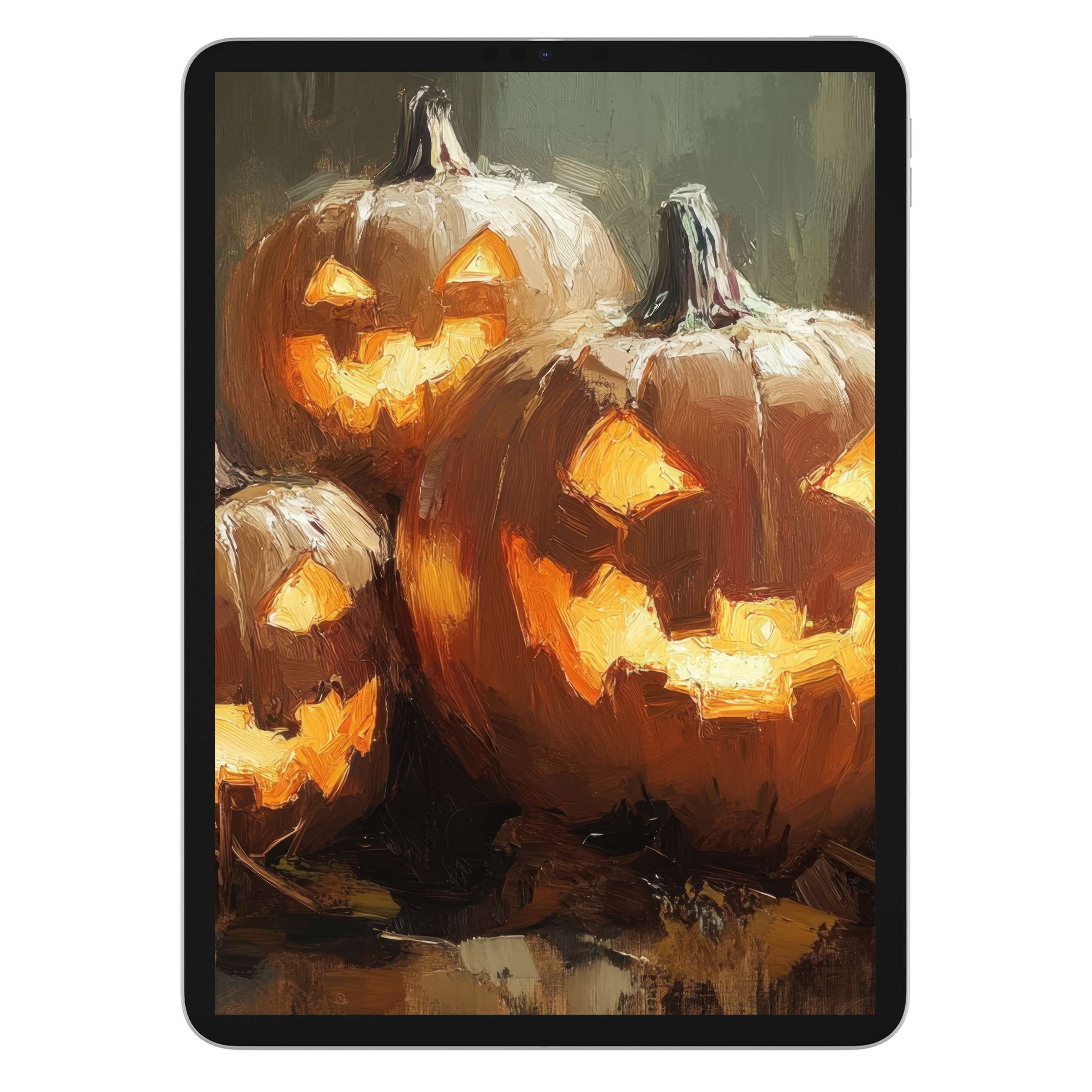 Digital download of a Halloween iPad wallpaper featuring glowing pumpkin art, creating a warm, textured background for tablets