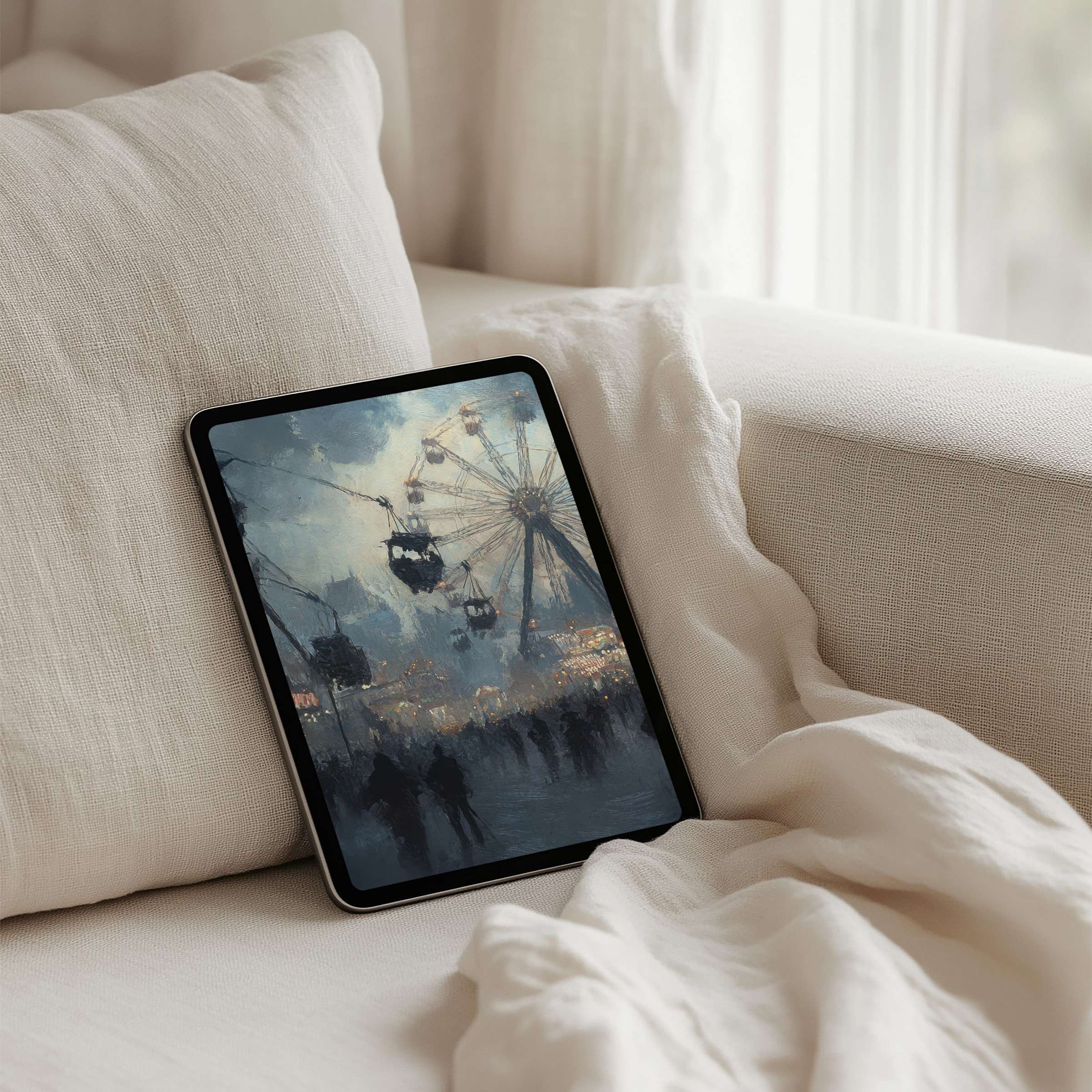 Elegant iPad background featuring a moody Ferris wheel painting offers calm and inspiration for tablet users with instant download