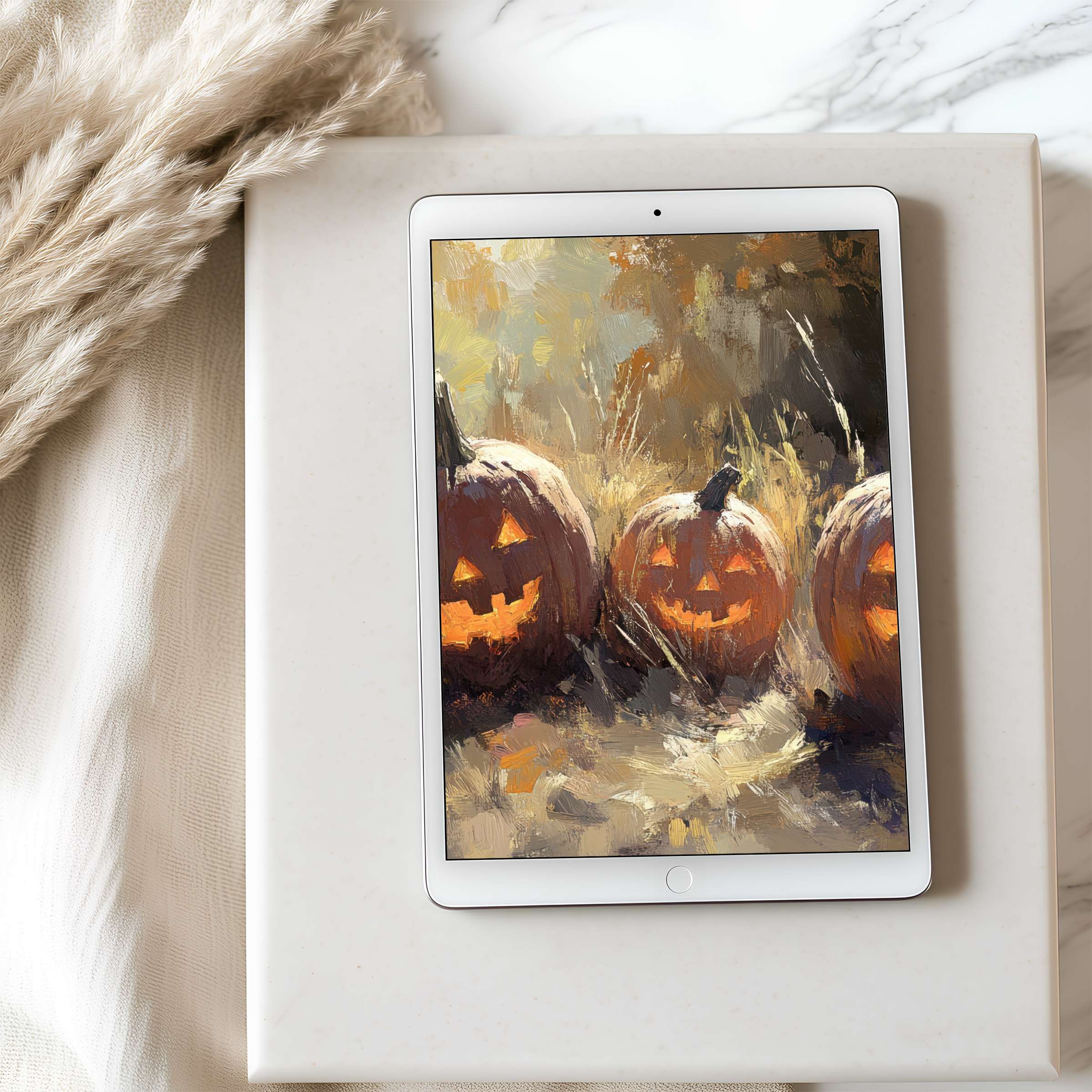 Tablet wallpaper featuring warm-toned jack-o'-lanterns in an elegant, high-resolution autumn scene, perfect for eco-friendly digital download