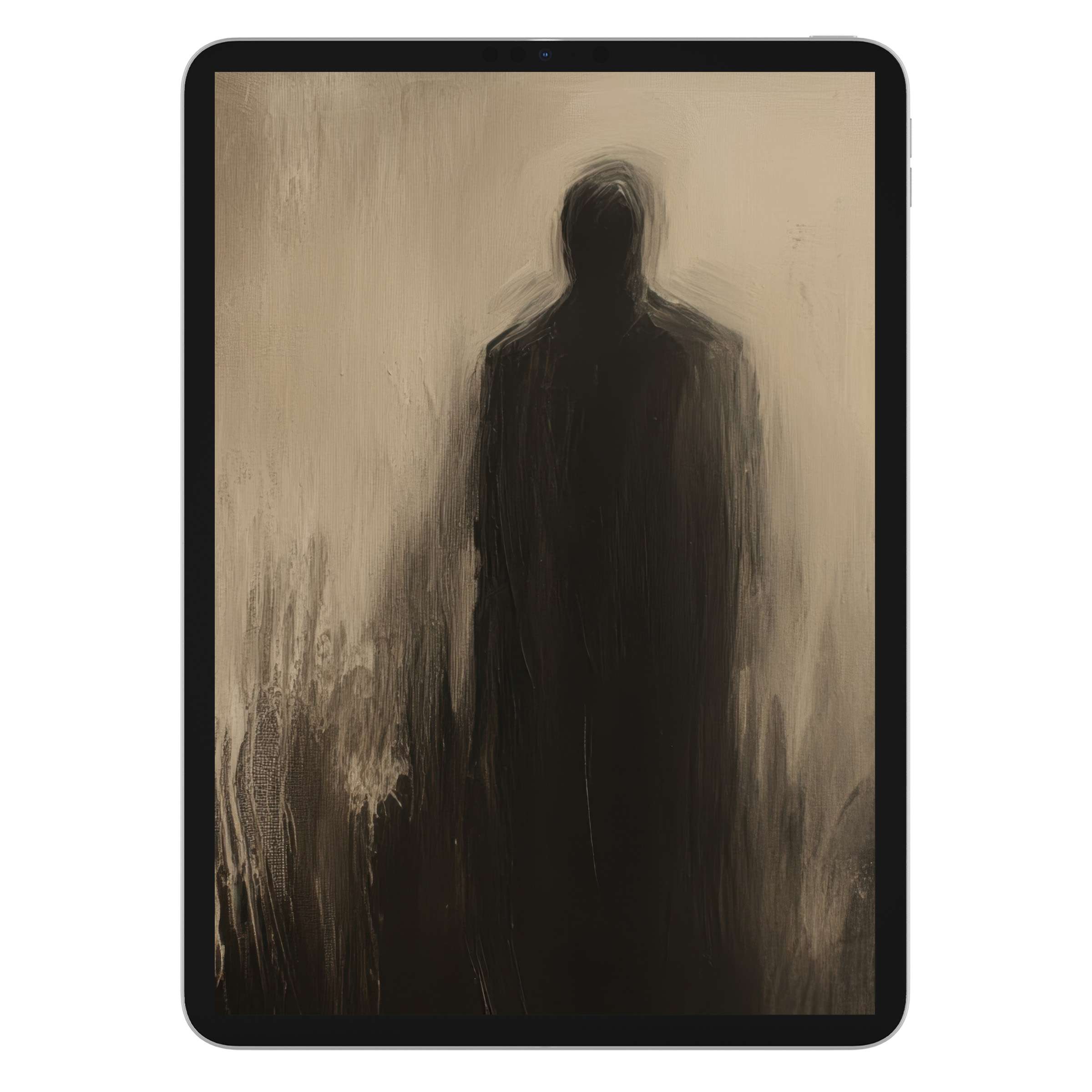 Elegant halloween iPad wallpaper with mysterious silhouette in muted tones perfect digital download for tablet background calm aesthetics
