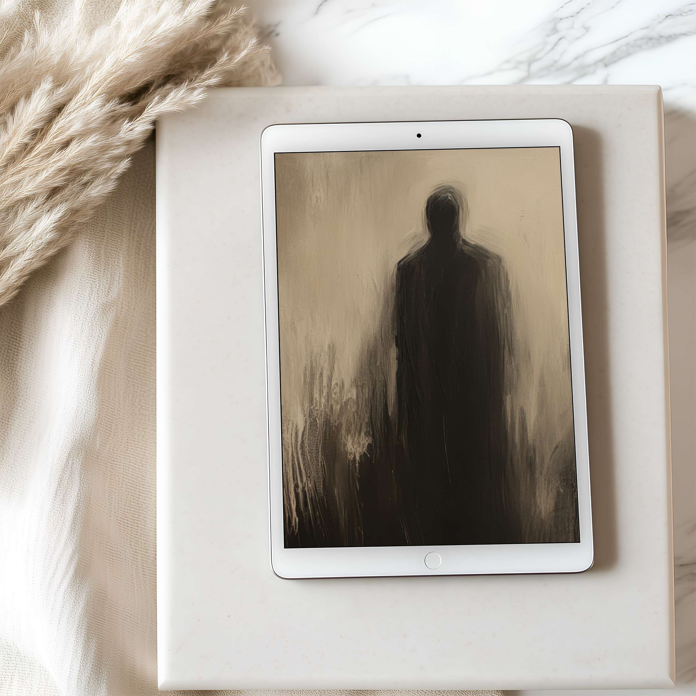 A serene abstract figure in earth tones graces this tablet wallpaper, perfect for high resolution iPad and Android screen elegance