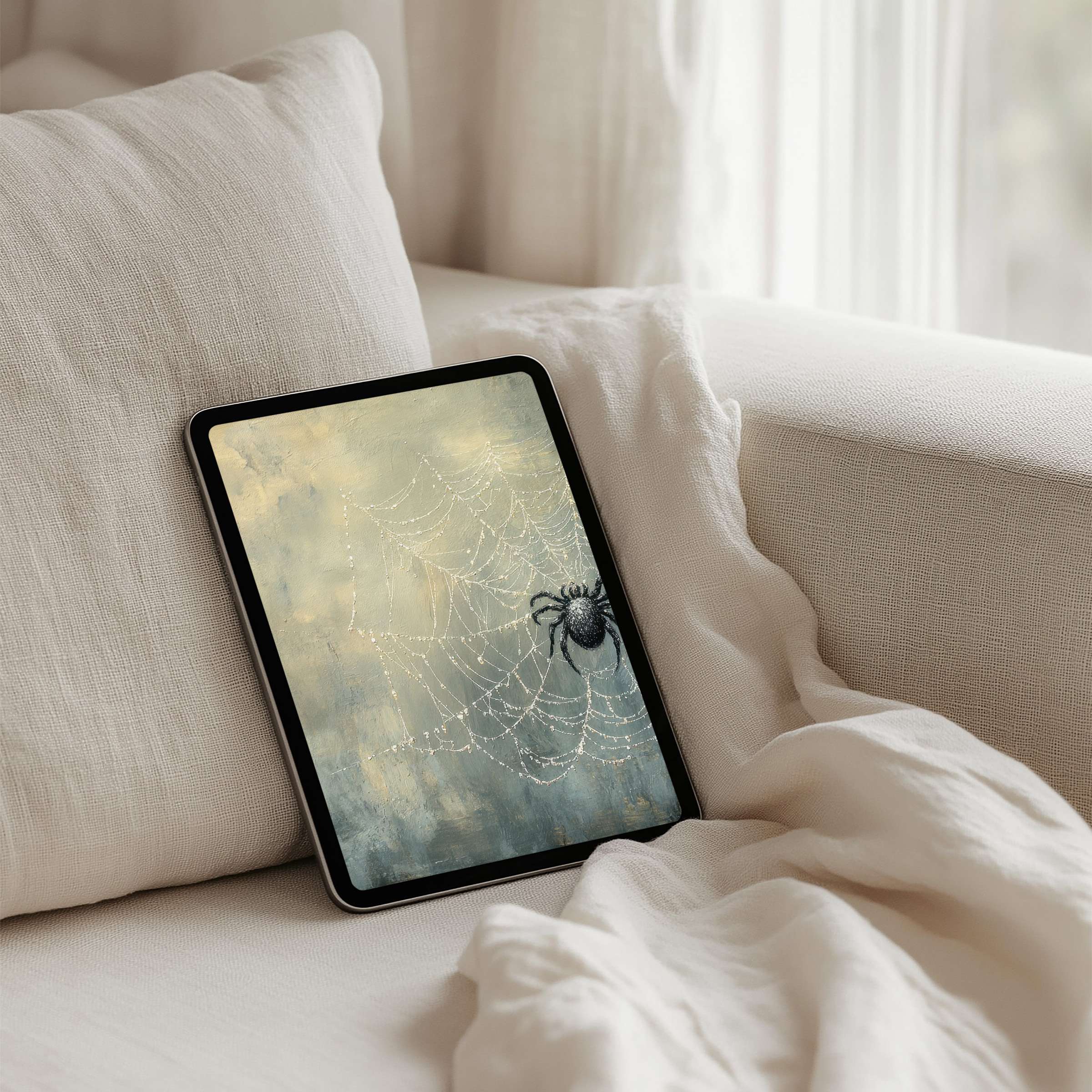 Elegant iPad background featuring a delicate spider web on a muted canvas offers calm elegance for instant download on any tablet