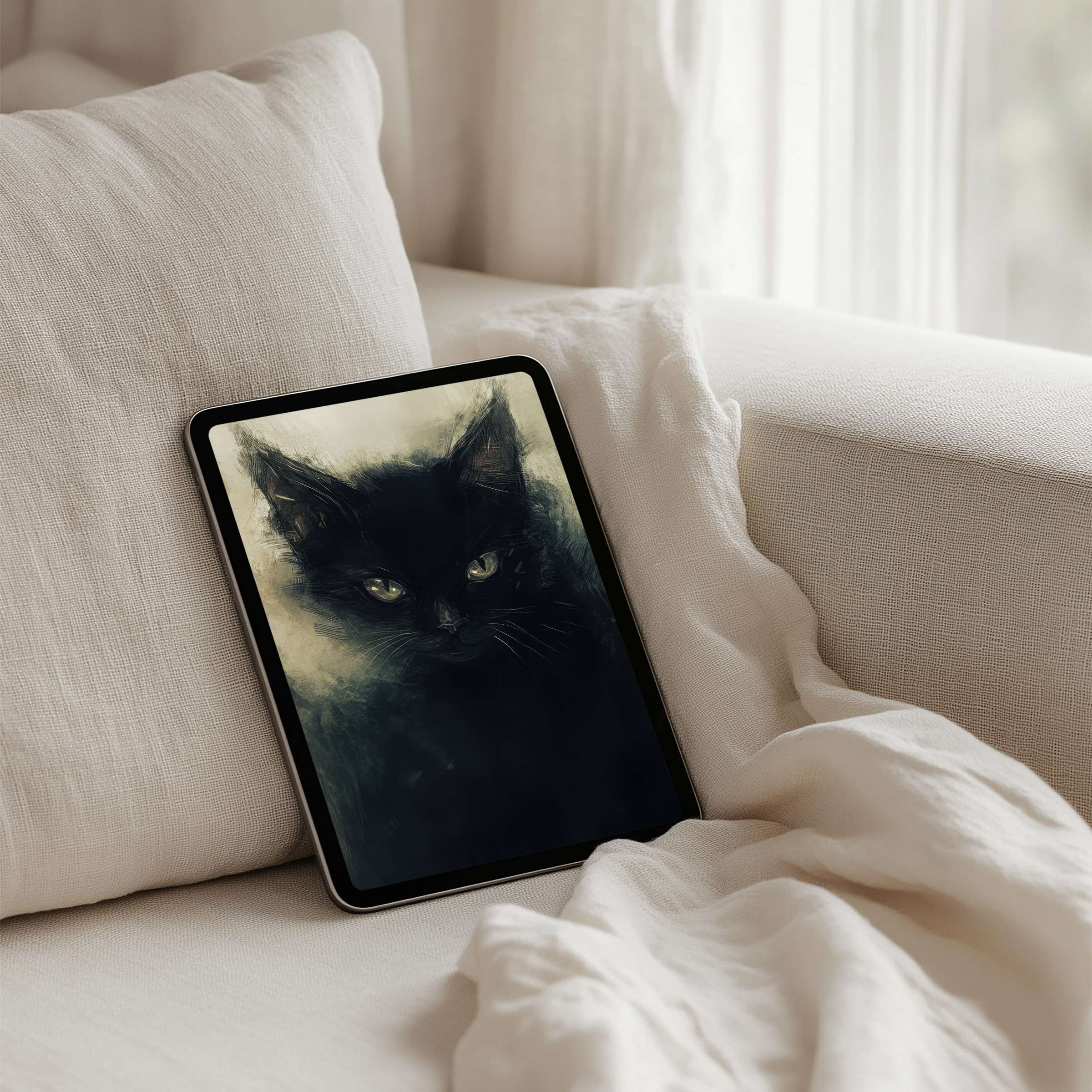 Elegant black cat digital art as iPad background on soft beige fabric promotes calm and mindfulness, instant download for tablet users