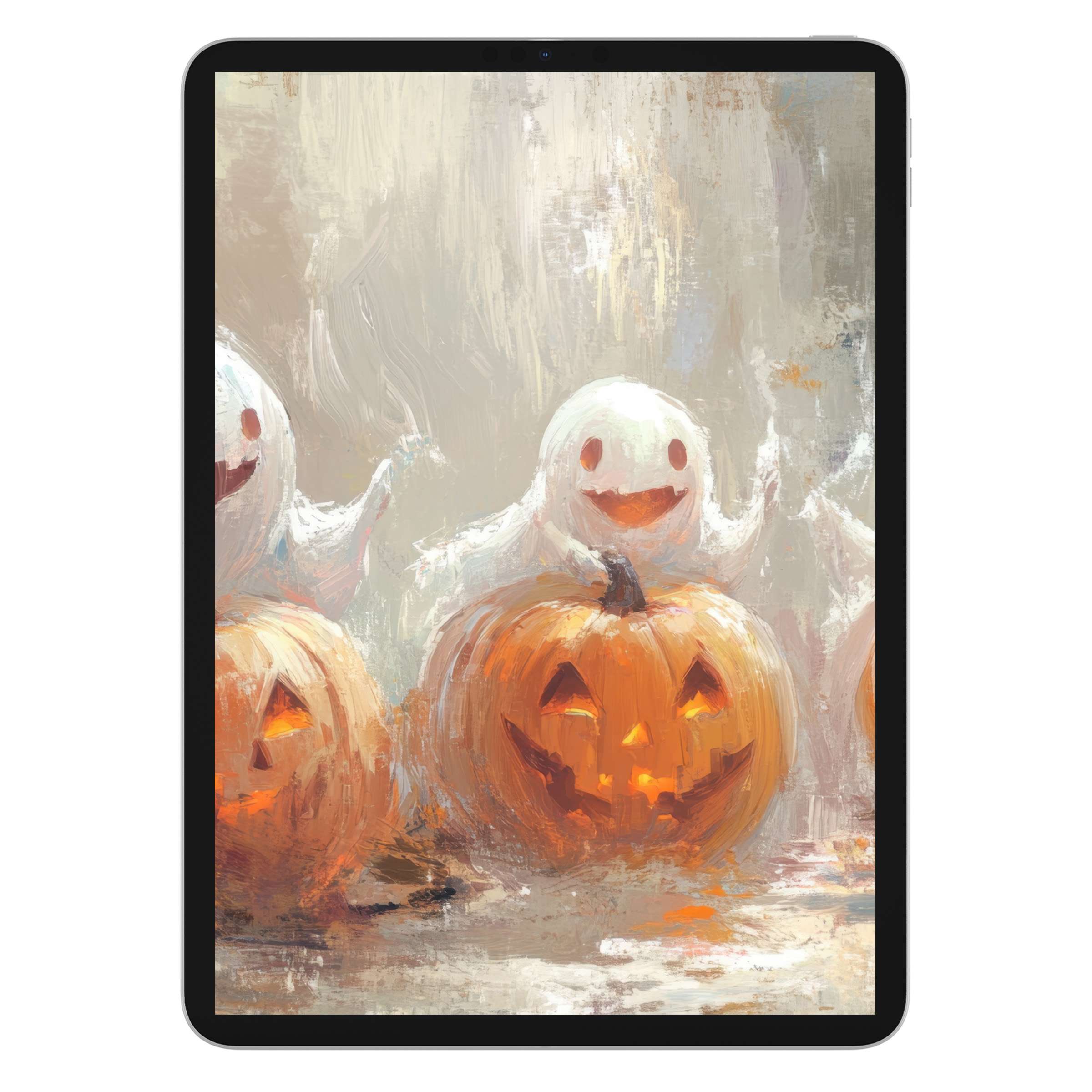 Halloween iPad wallpaper features cheerful ghosts and glowing pumpkins in a soft, textured digital download background for tablets