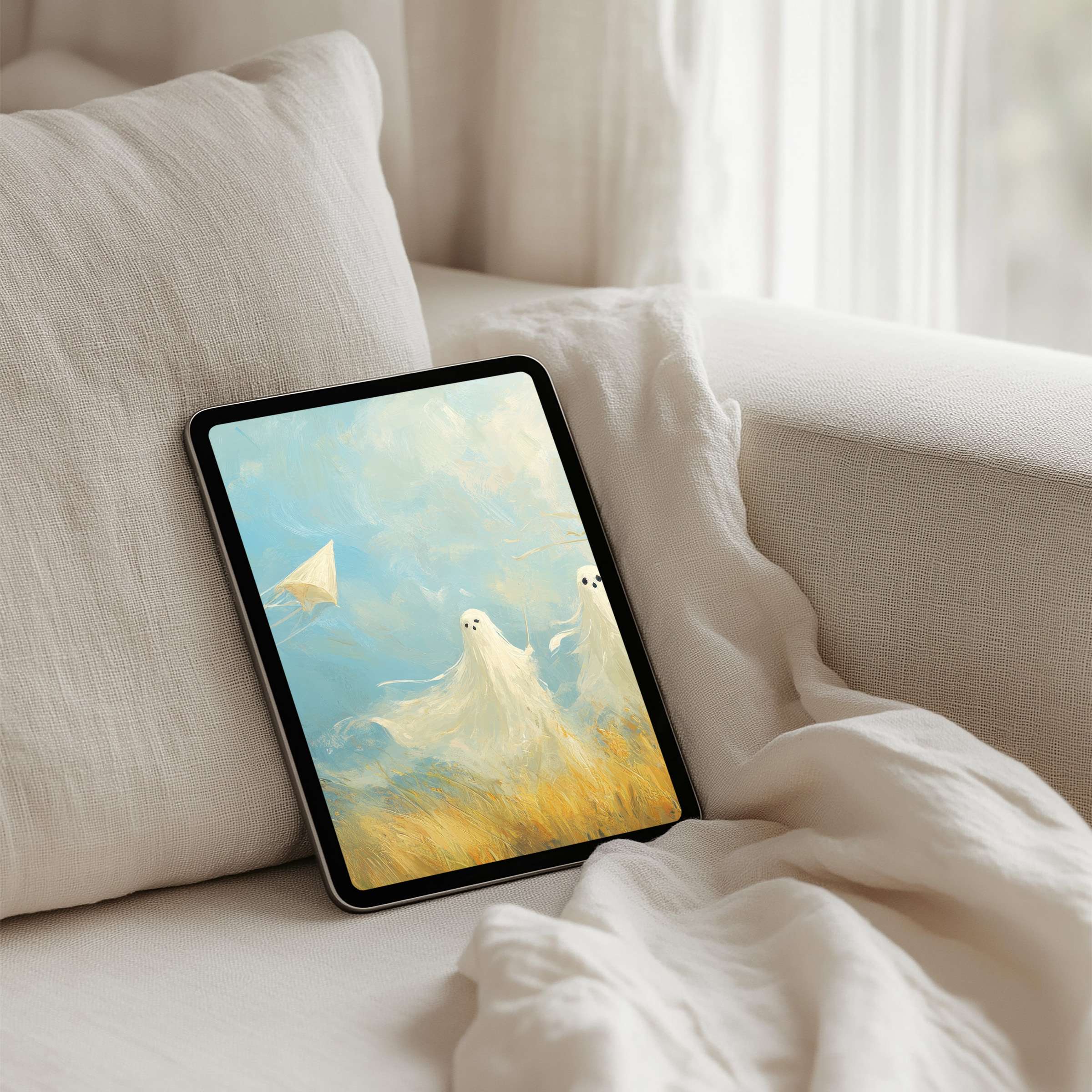 Elegant iPad background with ethereal ghosts in serene wheat field painting instant download fits tablets for mindful inspiration