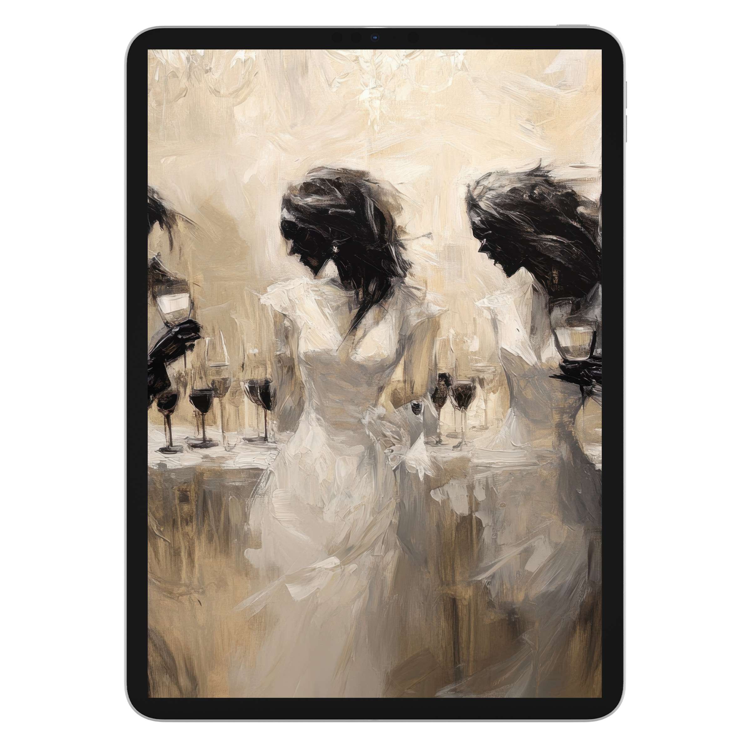 Elegant halloween iPad wallpaper with impressionist art style, featuring serene women in white gowns, perfect tablet background digital download