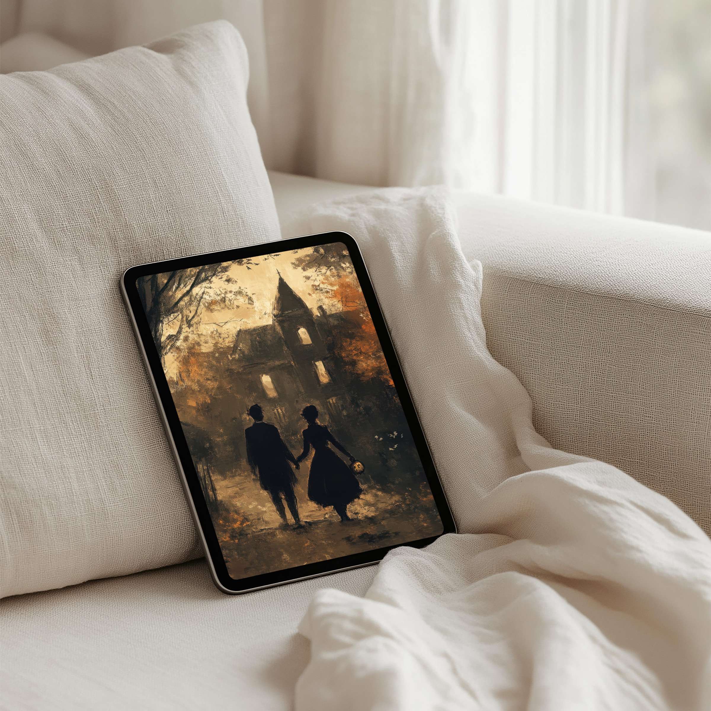Elegant iPad background showcasing romantic silhouette painting evokes calm and inspiration ideal for tablet instant download