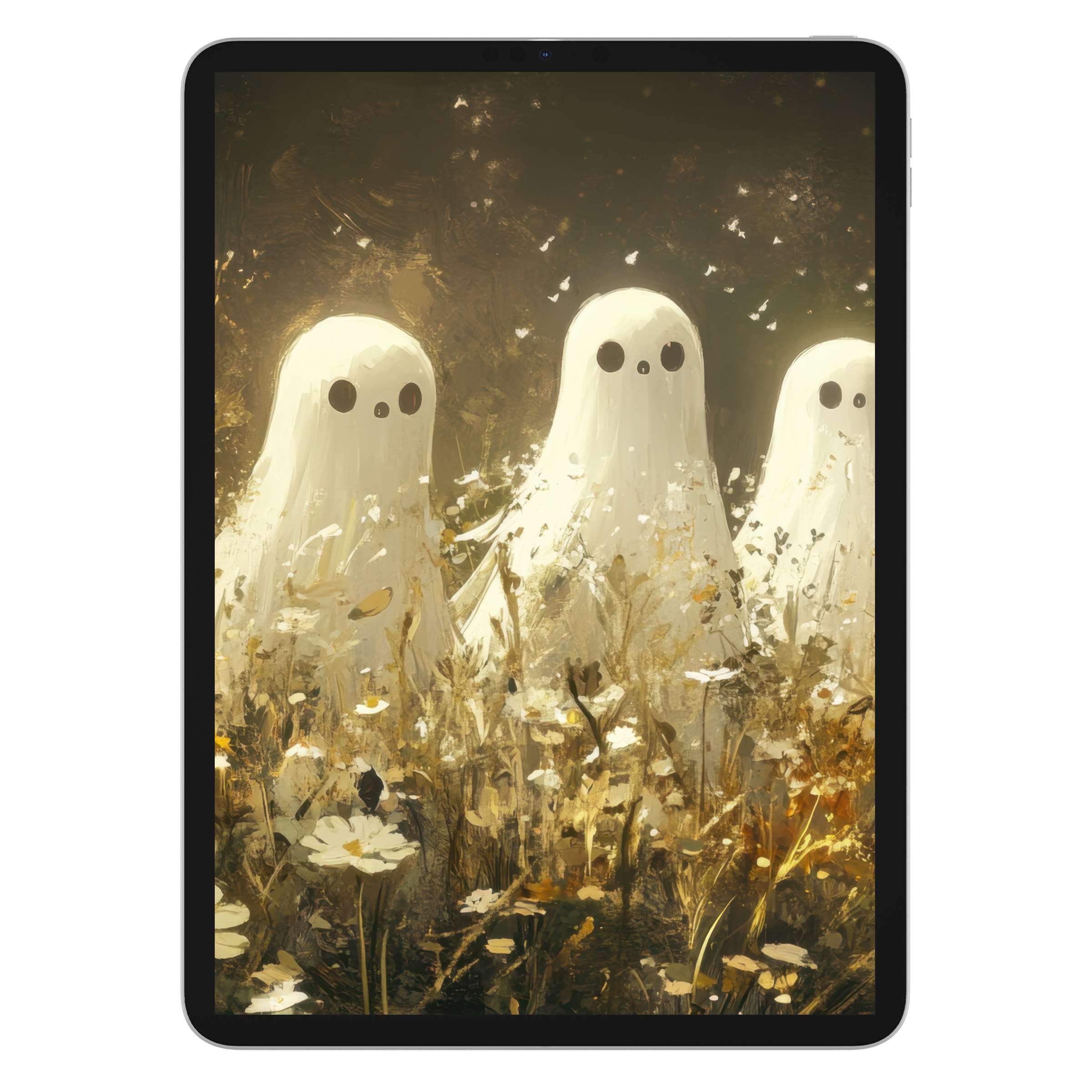 Ethereal ghosts emerge from a floral field in this halloween iPad wallpaper digital download perfect for a serene tablet background