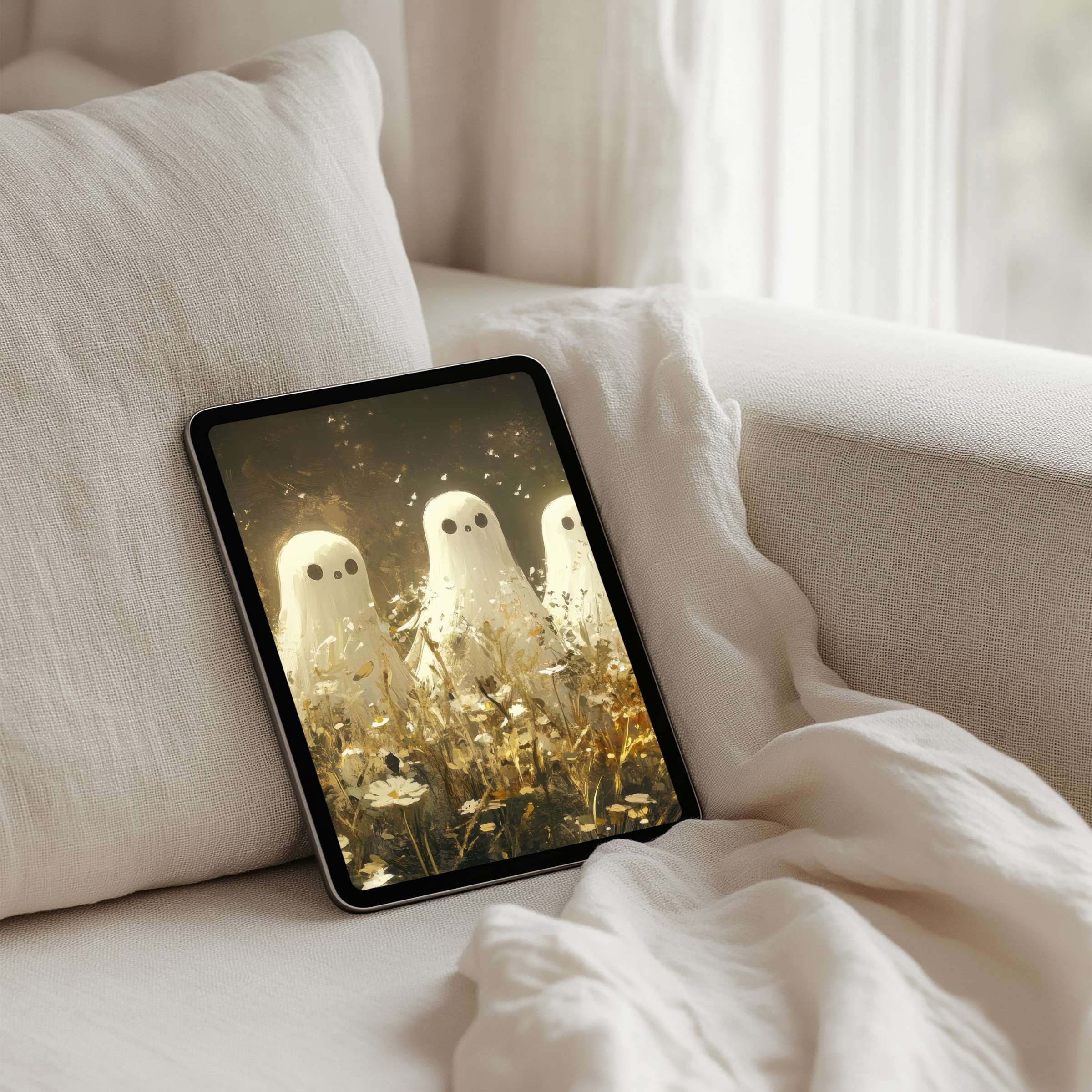 Elegant iPad background featuring ethereal ghost art in golden tones offers calm and inspiration for any tablet instant download