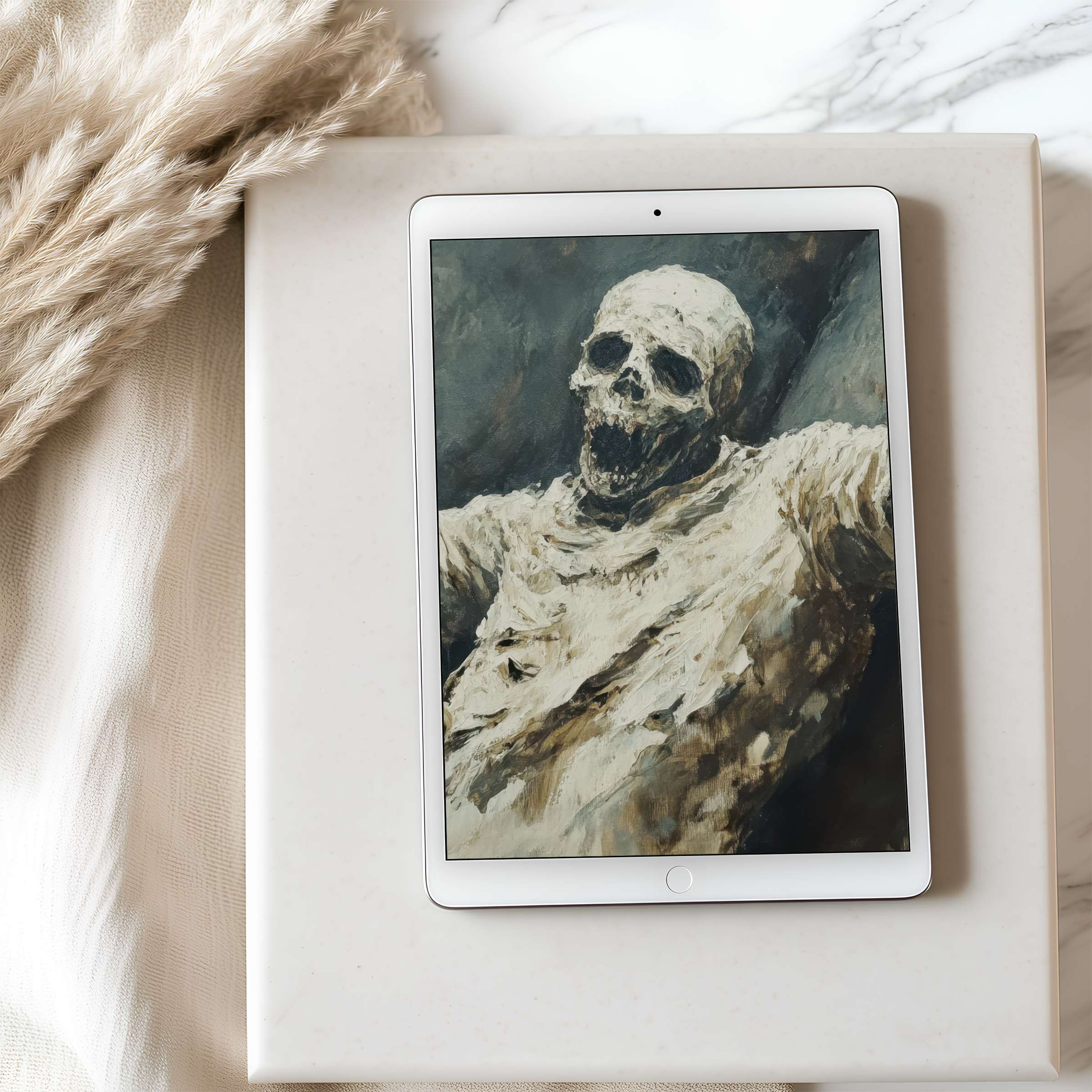Elegant tablet wallpaper featuring a dramatic skull painting, perfect for high resolution iPad and Android downloads, enriching any space