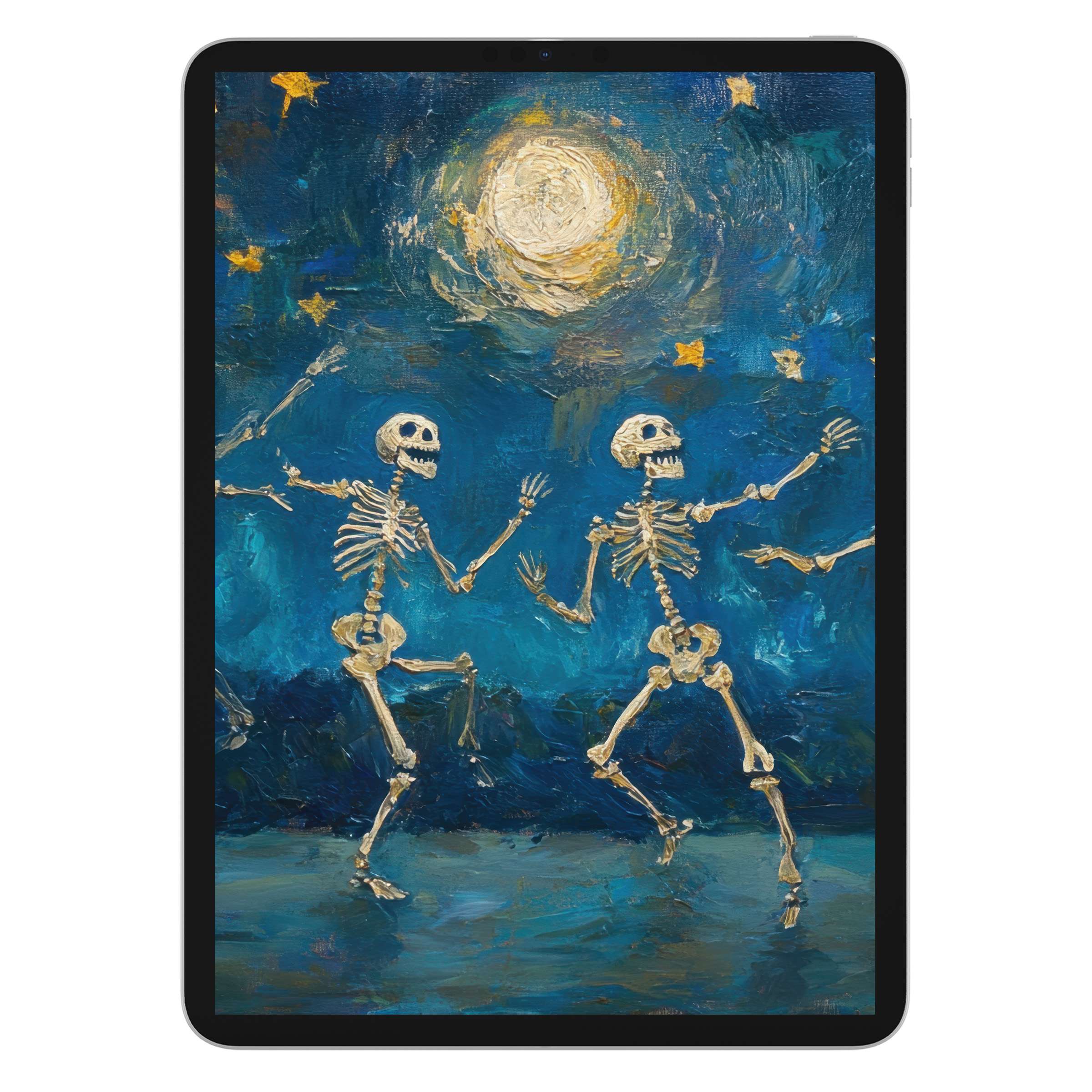 Tranquil halloween iPad wallpaper showcasing dancing skeletons under a moonlit sky, perfect digital download for tablet background elegance