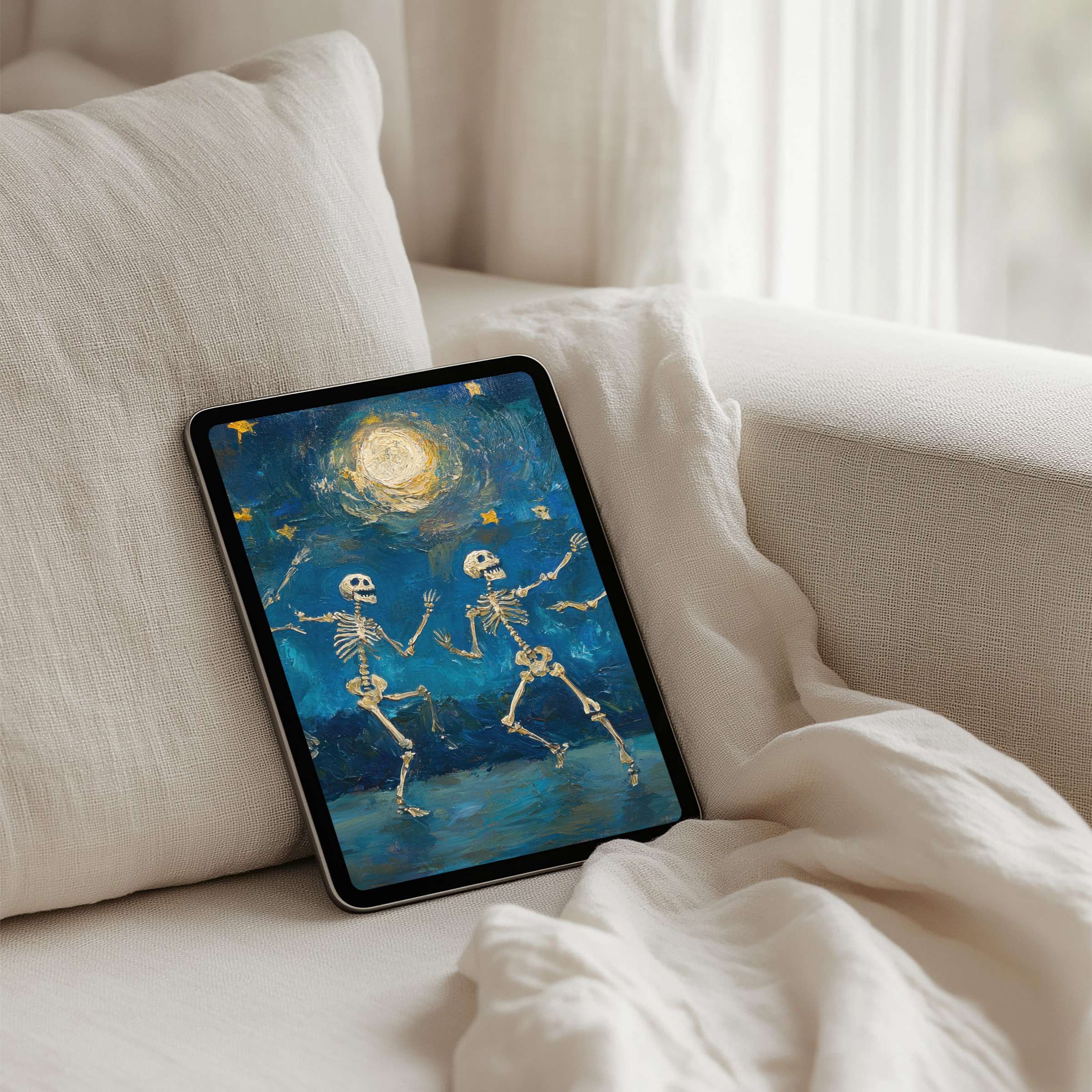 Elegant, spooky iPad background for instant download; vibrant art of dancing skeletons inspires calm on any tablet screen
