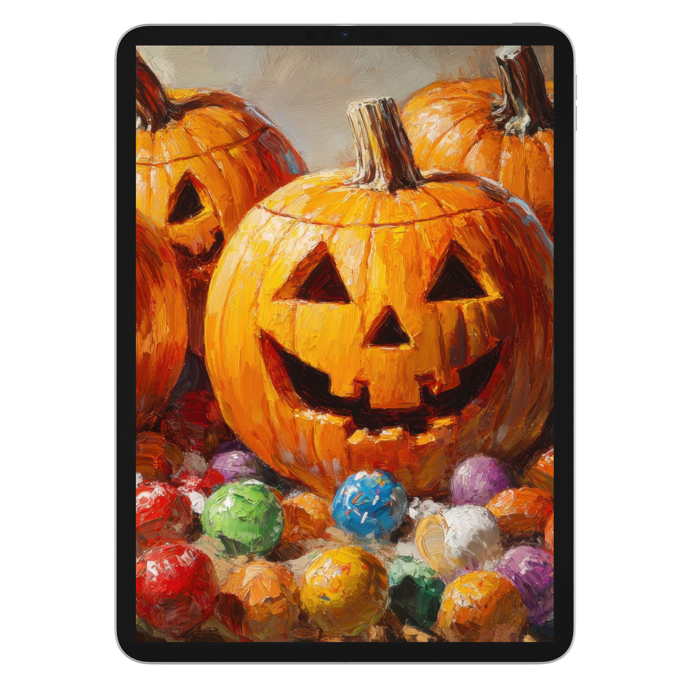 Vibrant halloween iPad wallpaper with painted pumpkins and colorful candy background, perfect digital download for tablet aesthetics