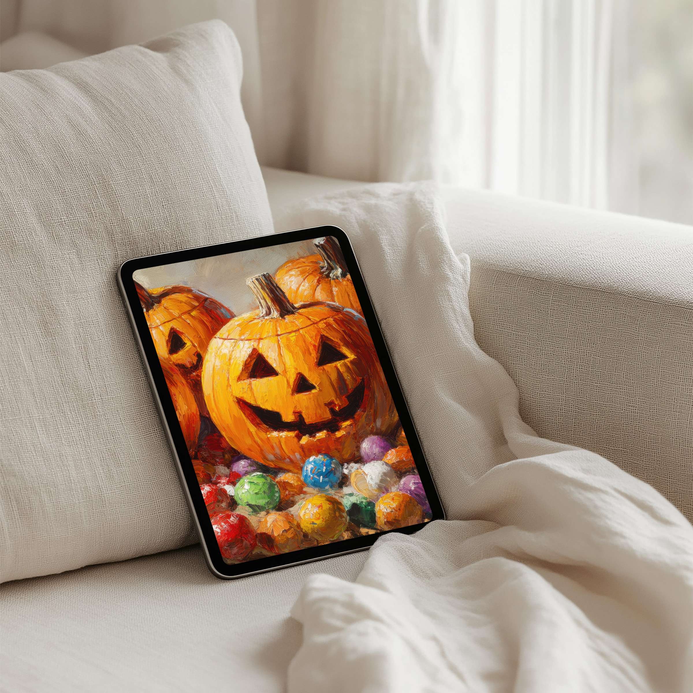 Festive pumpkin art on iPad background exudes calm elegance, perfect for tablet decor; instant download inspires autumn mindfulness