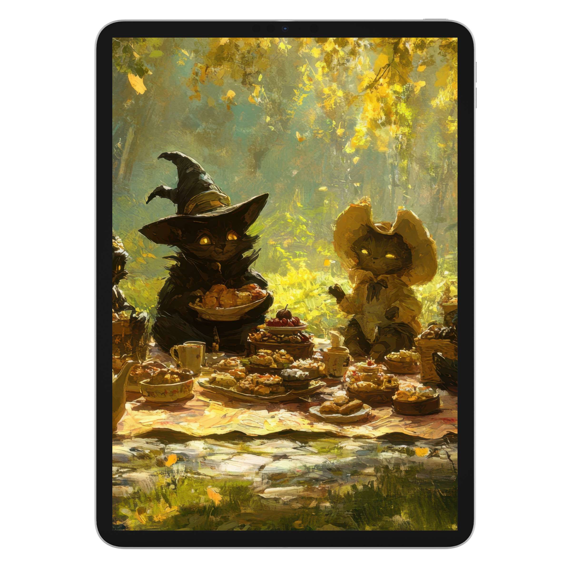 Enchanting halloween iPad wallpaper with whimsical cats in serene sunlit forest picnic setting ideal digital download for any tablet background