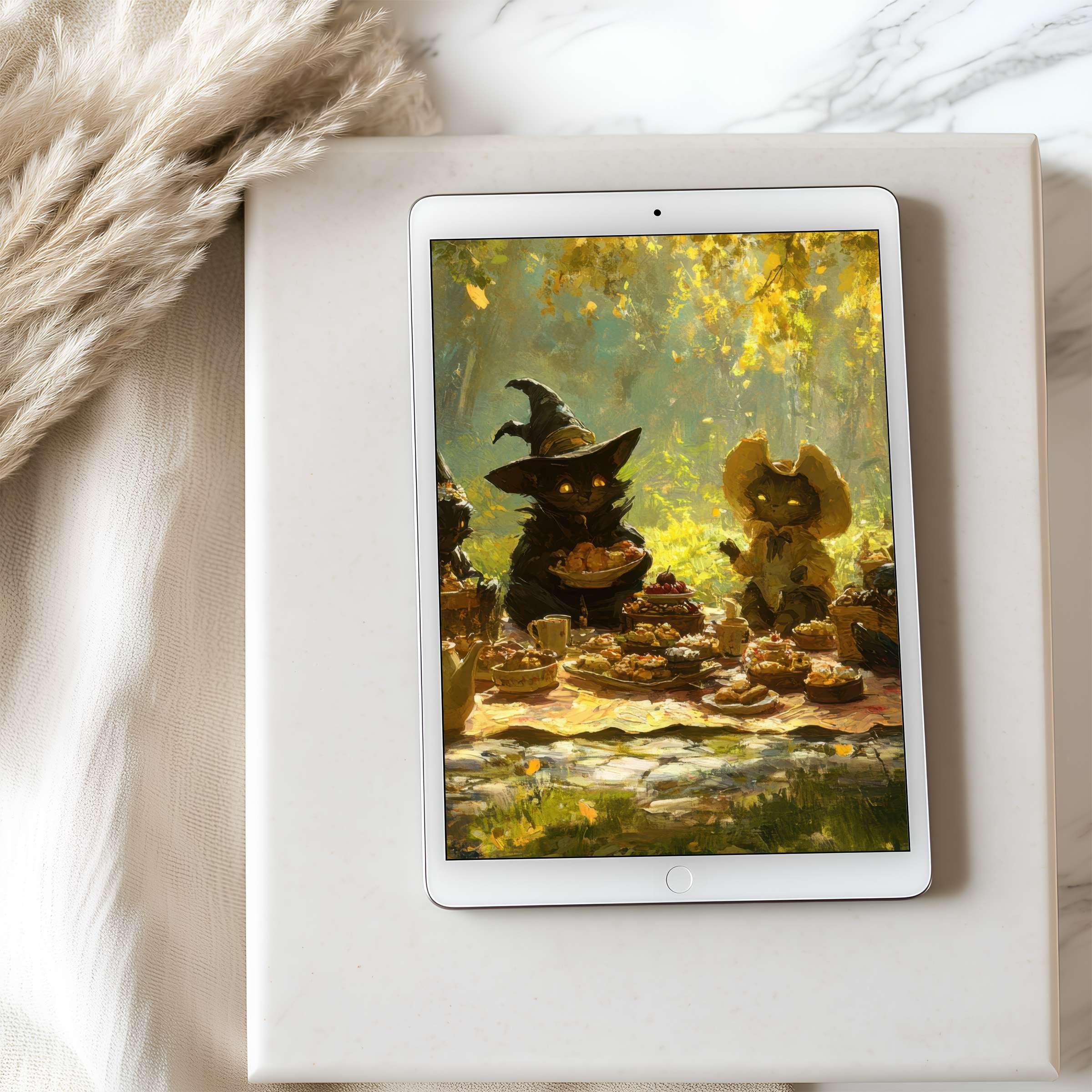 Elegant digital art tablet wallpaper featuring whimsical cats at a sunlit picnic ideal for iPad and Android tablets high resolution download