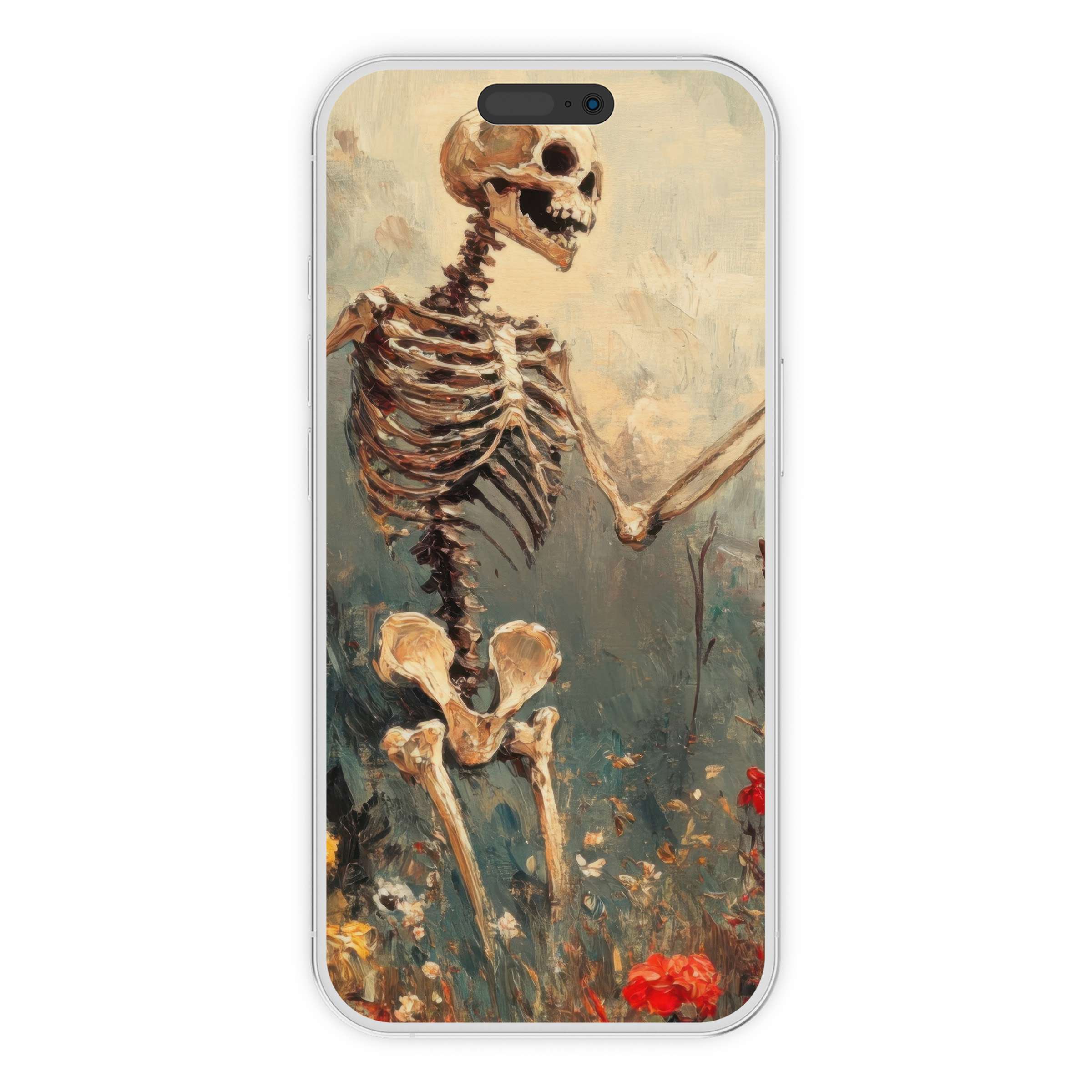 Elegant halloween iPhone wallpaper featuring a skeleton amidst serene floral textures digital download for phone background artistry