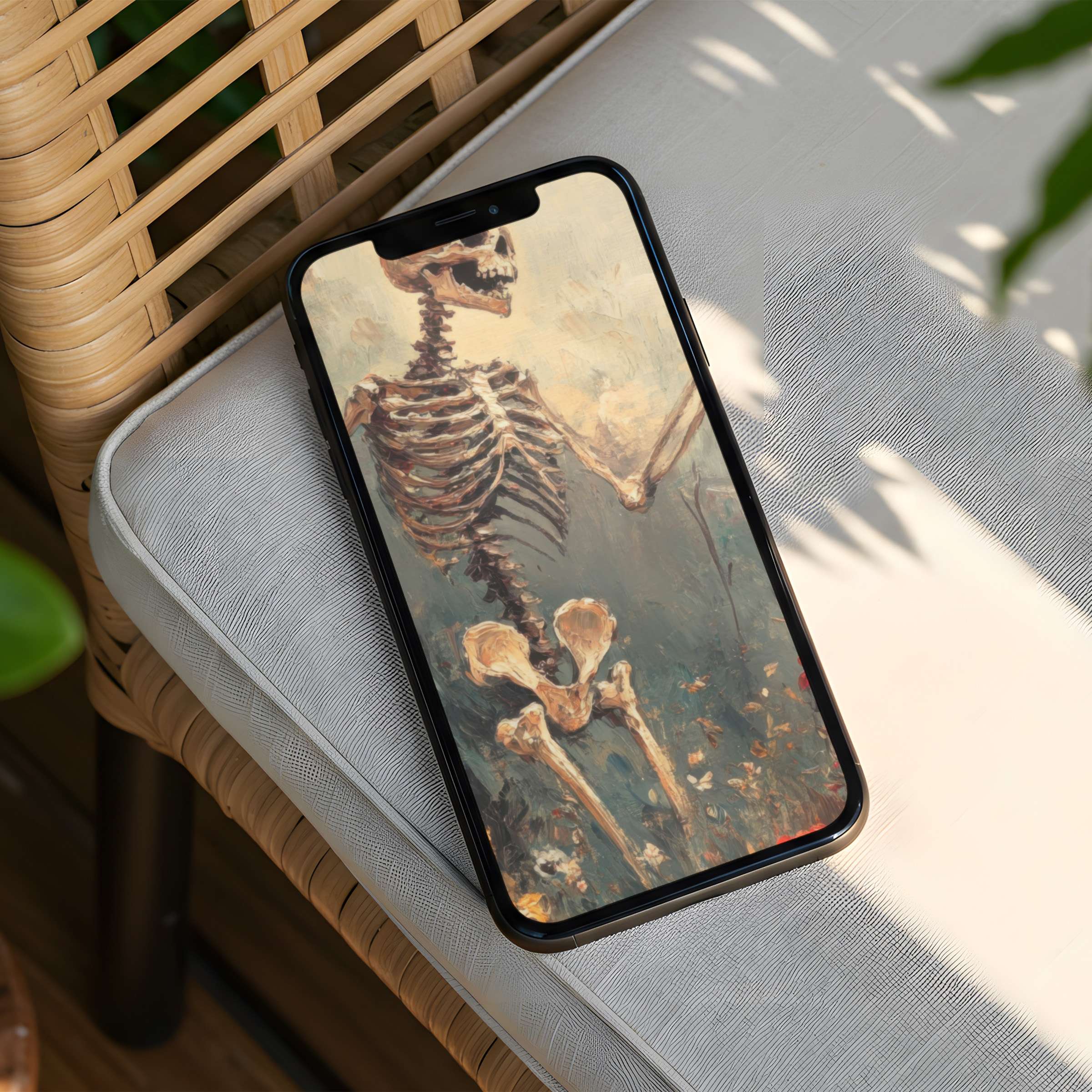 Elegant skeleton art iPhone background for instant download enhances phone aesthetics calmingly fits both iPhone and Android screens