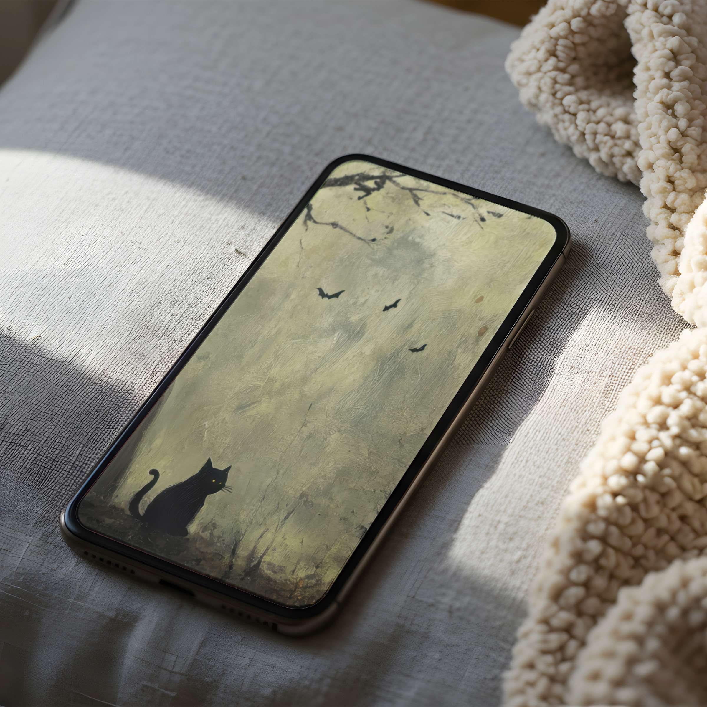 Elegant phone wallpaper featuring a mystical black cat and birds in flight against textured hues perfect for iPhone or Android download