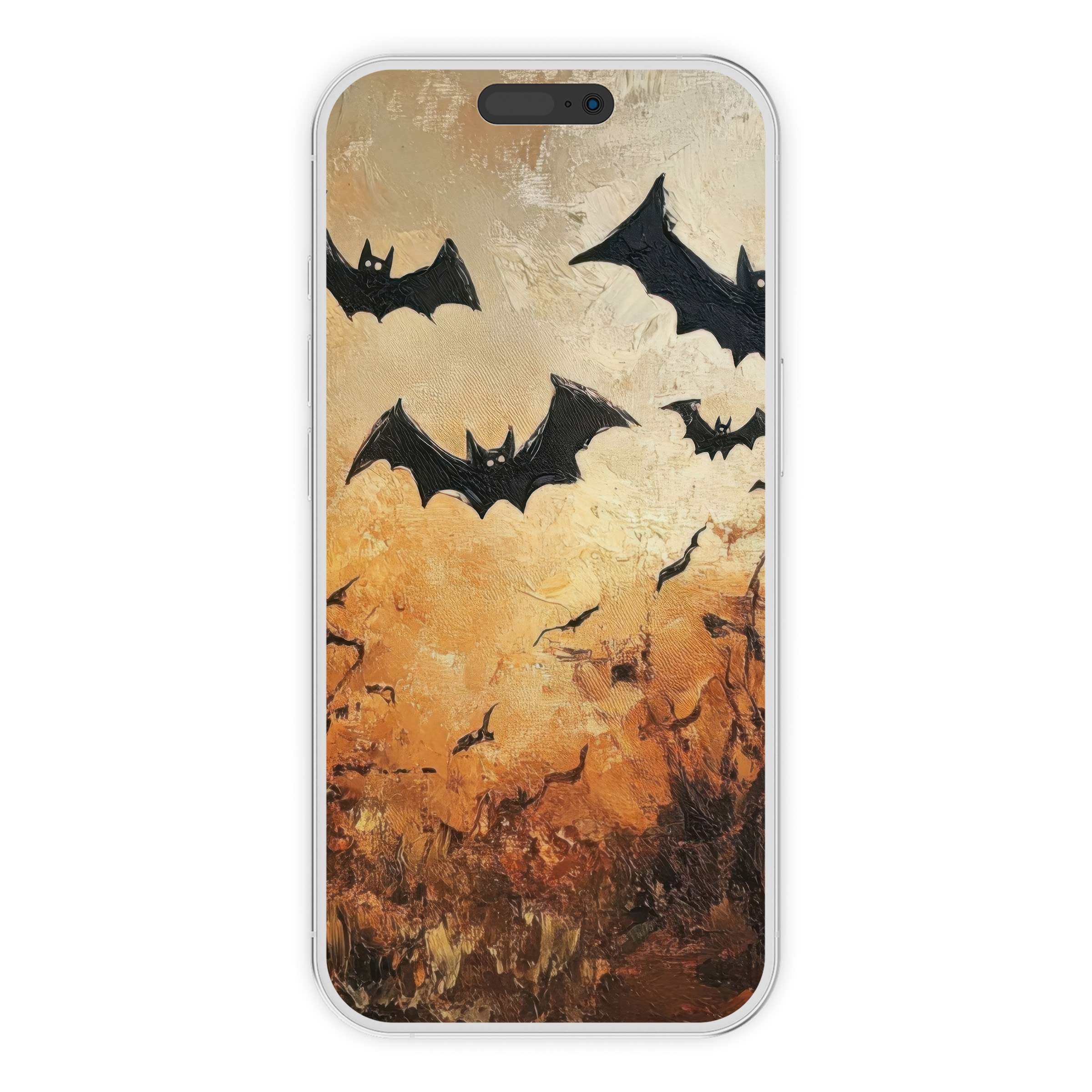Elegant halloween iPhone wallpaper featuring textured bats soaring over a warm autumnal background perfect for digital download on any phone