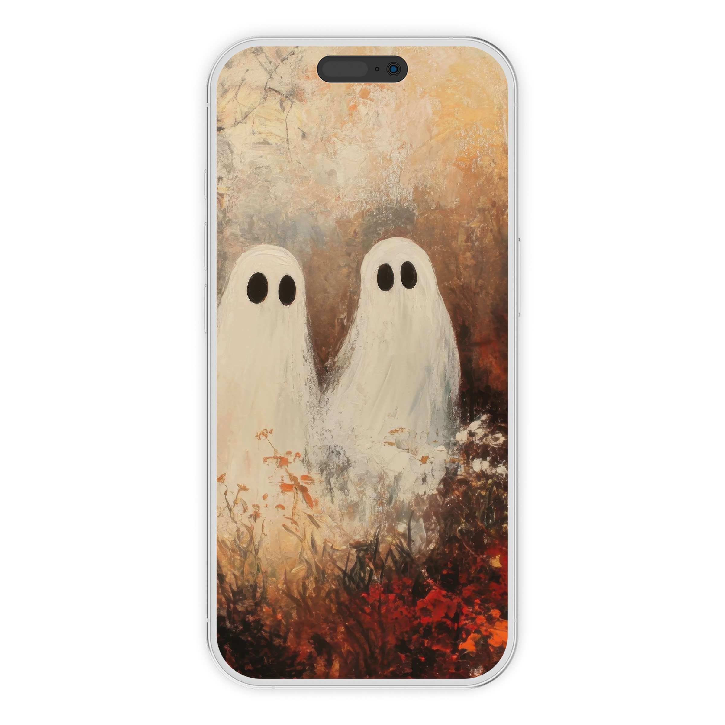 Elegant halloween iPhone wallpaper featuring ethereal ghosts in autumn tones offers calm, artistic background for phone digital download