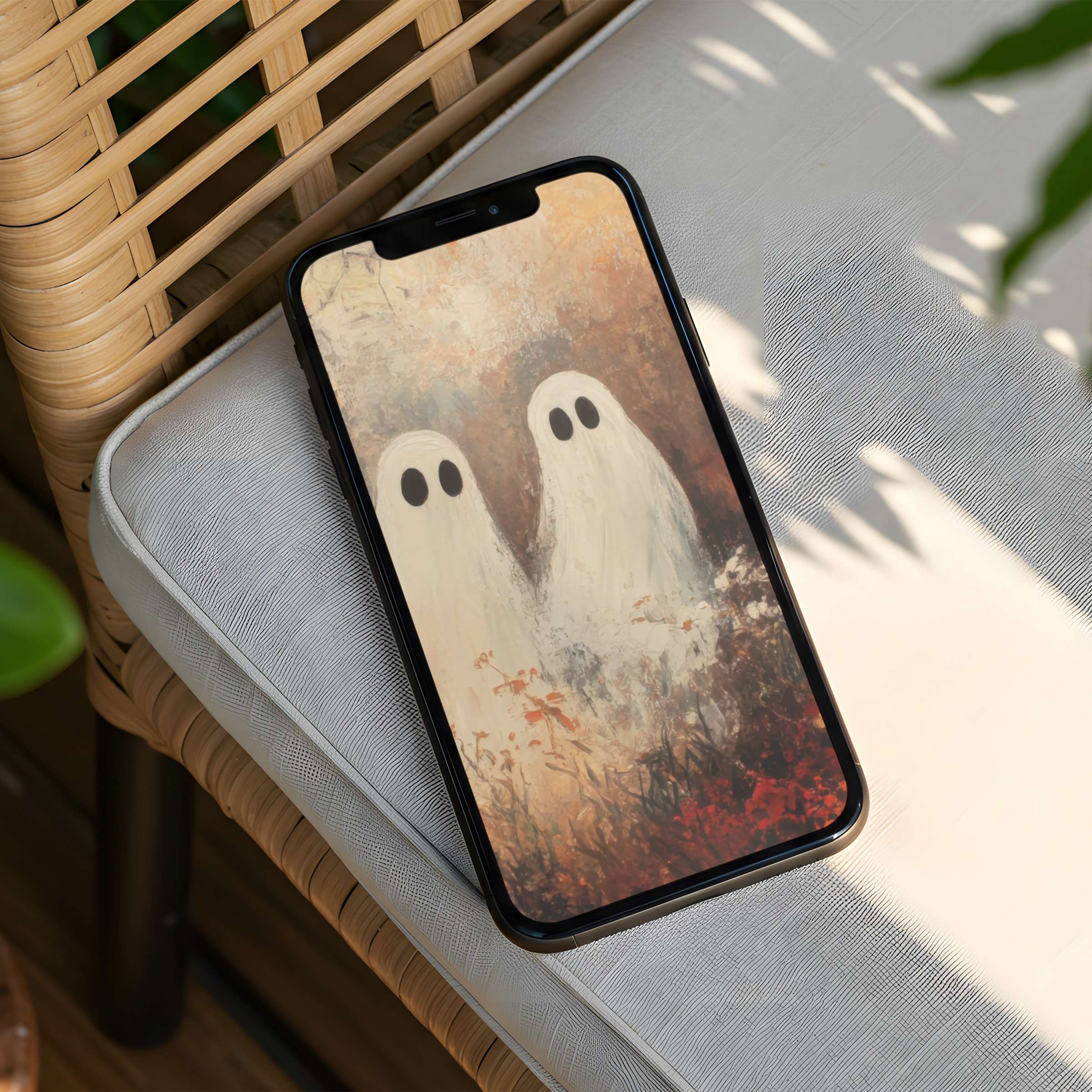 Elegant iPhone background with serene ghostly figures in soft earth tones offers mindfulness and inspiration instant download for your phone