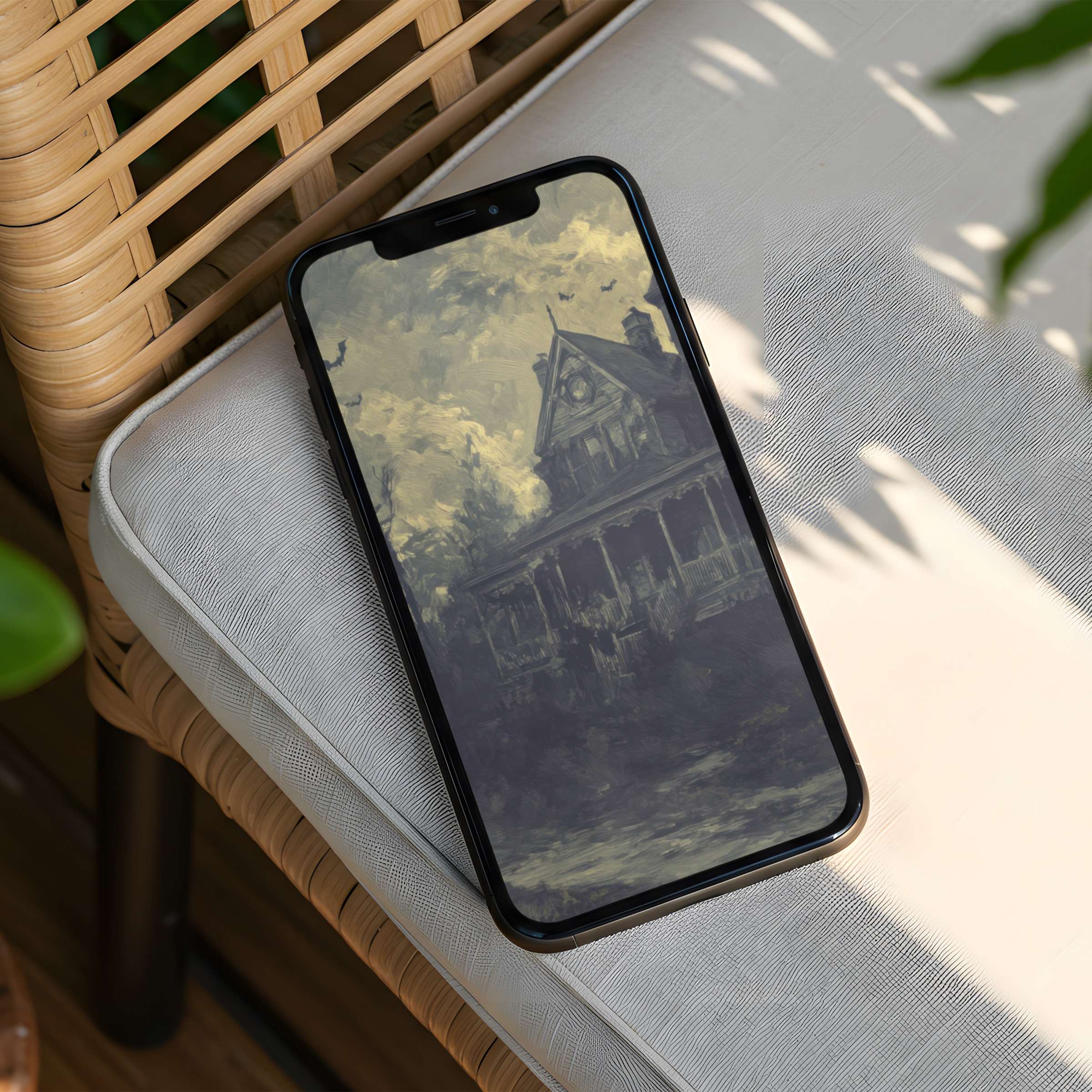 Elegant iPhone background showcasing a calm, vintage house painting for instant download to inspire mindfulness on any phone