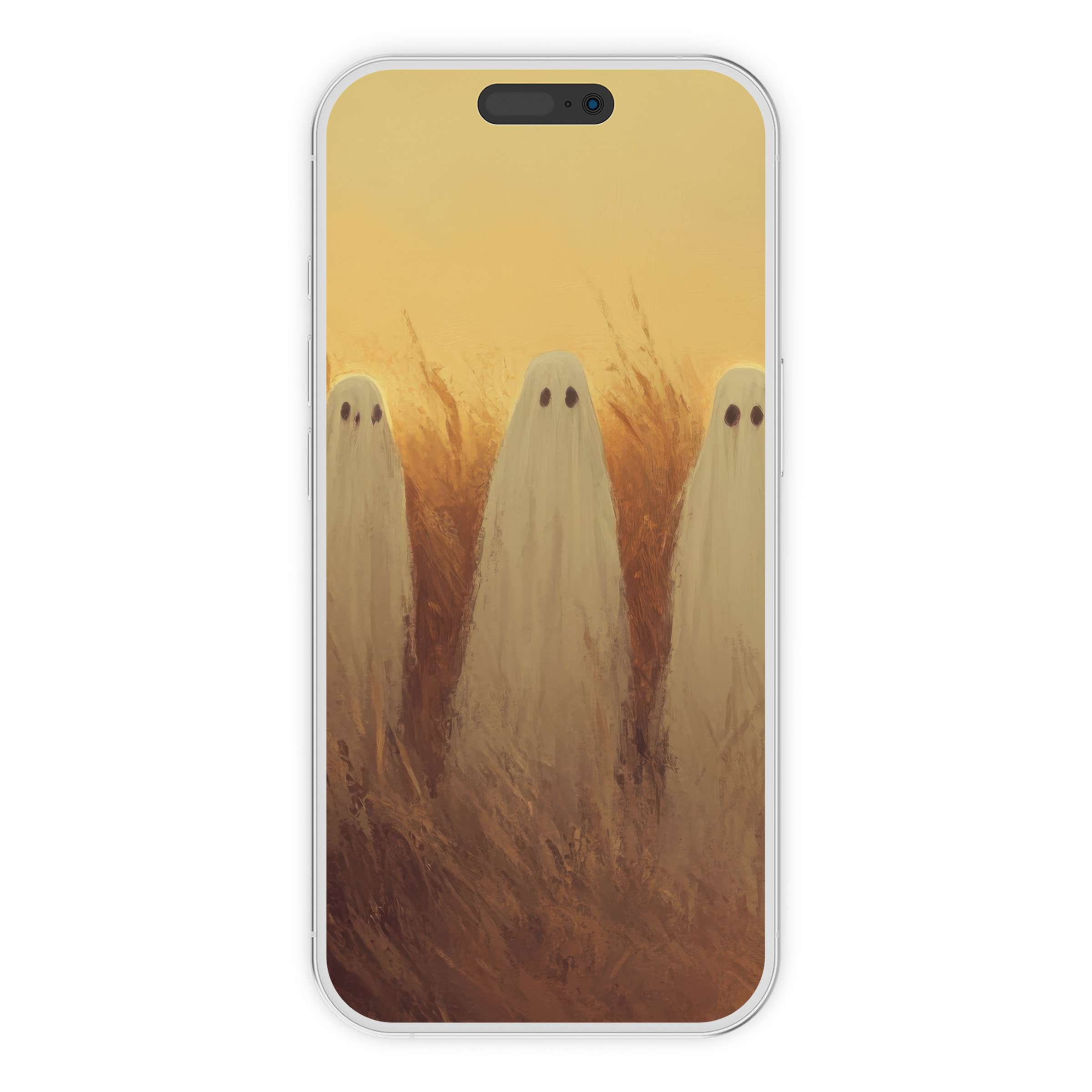 Ethereal halloween iPhone wallpaper features ghostly silhouettes in soft earth tones for a tranquil phone background digital download