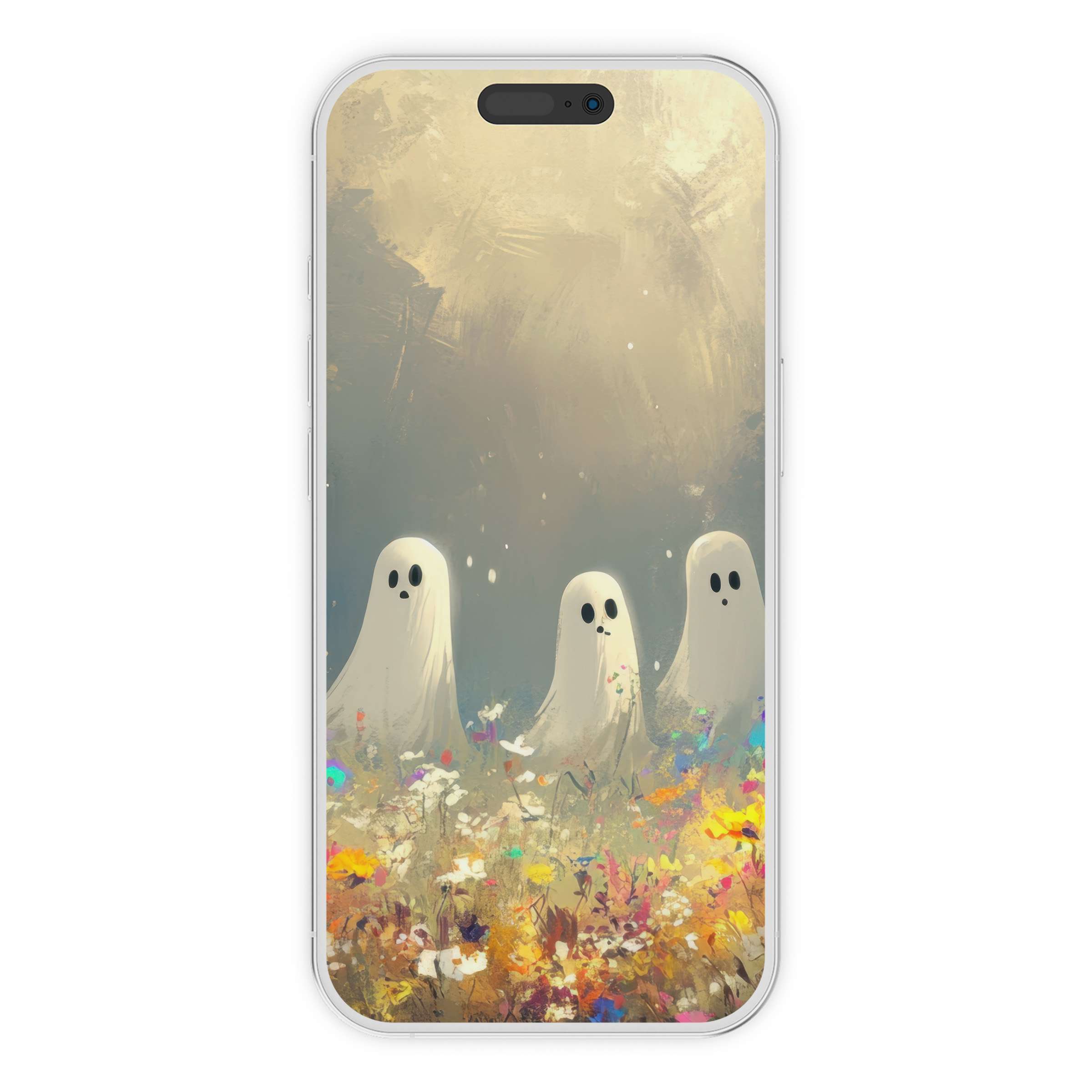 Elegant halloween iPhone wallpaper featuring whimsical ghosts amid colorful floral fields perfect phone background digital download